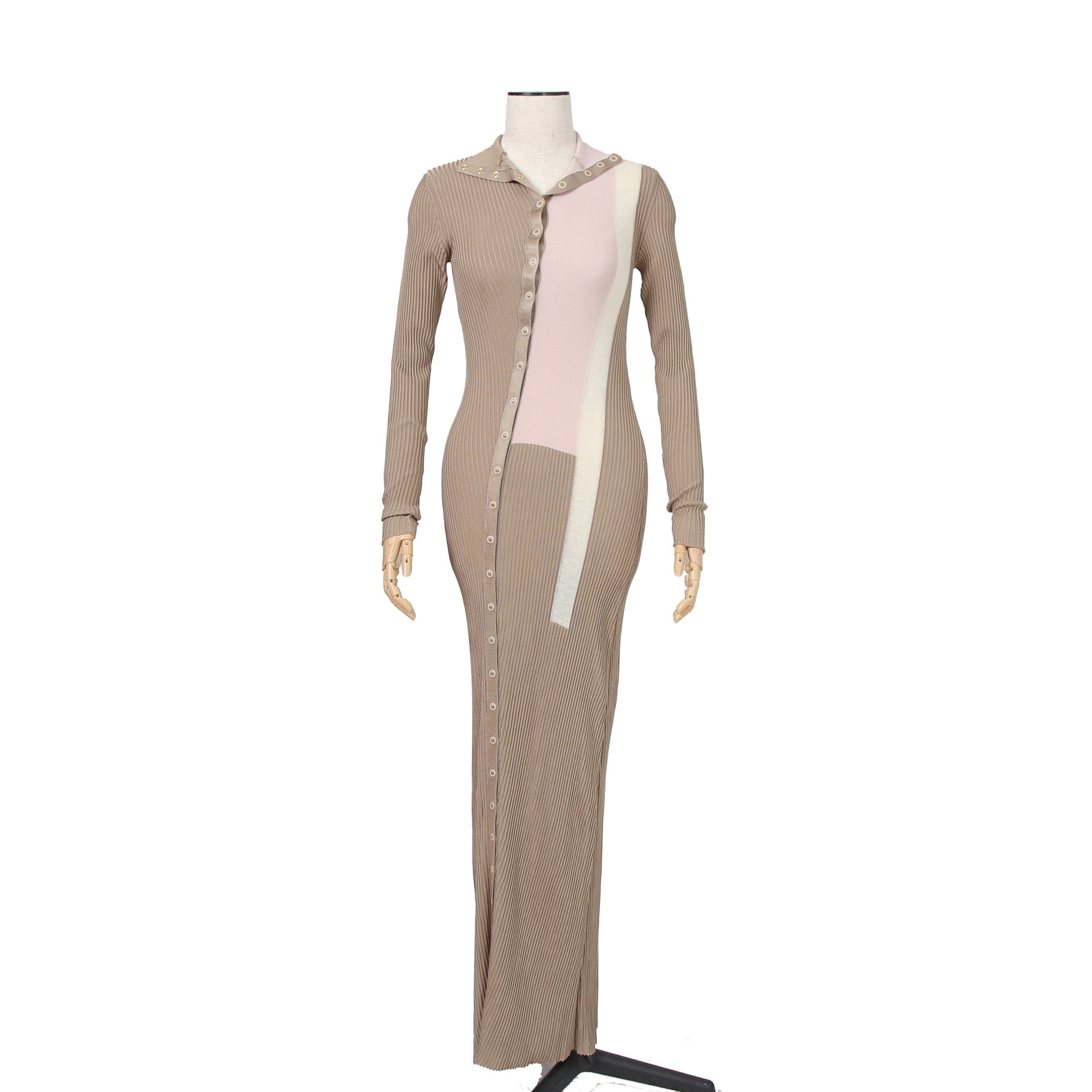 FENDI フェンディ / 美品 2018 カラーブロックモチーフ シルクニット マキシ丈 ワンピース / size 38 (BEIGE)