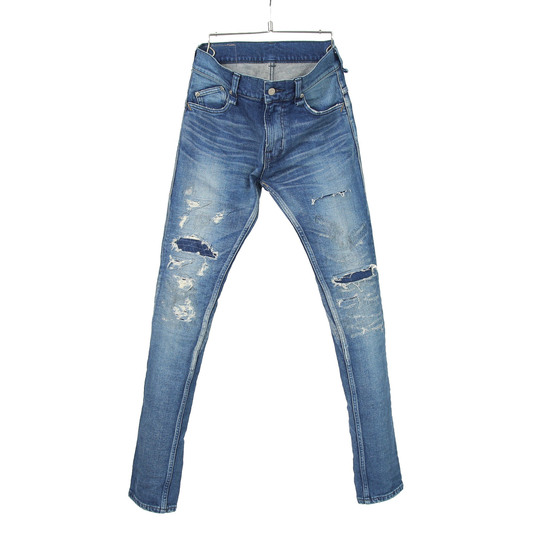 STRUM ストラム / 美品 22AW 12.5oz オーガニックコットン ストレッチデニム TIGHT JOE タイトストレート クラッシュ + リペア / size 30 (INDIGO)