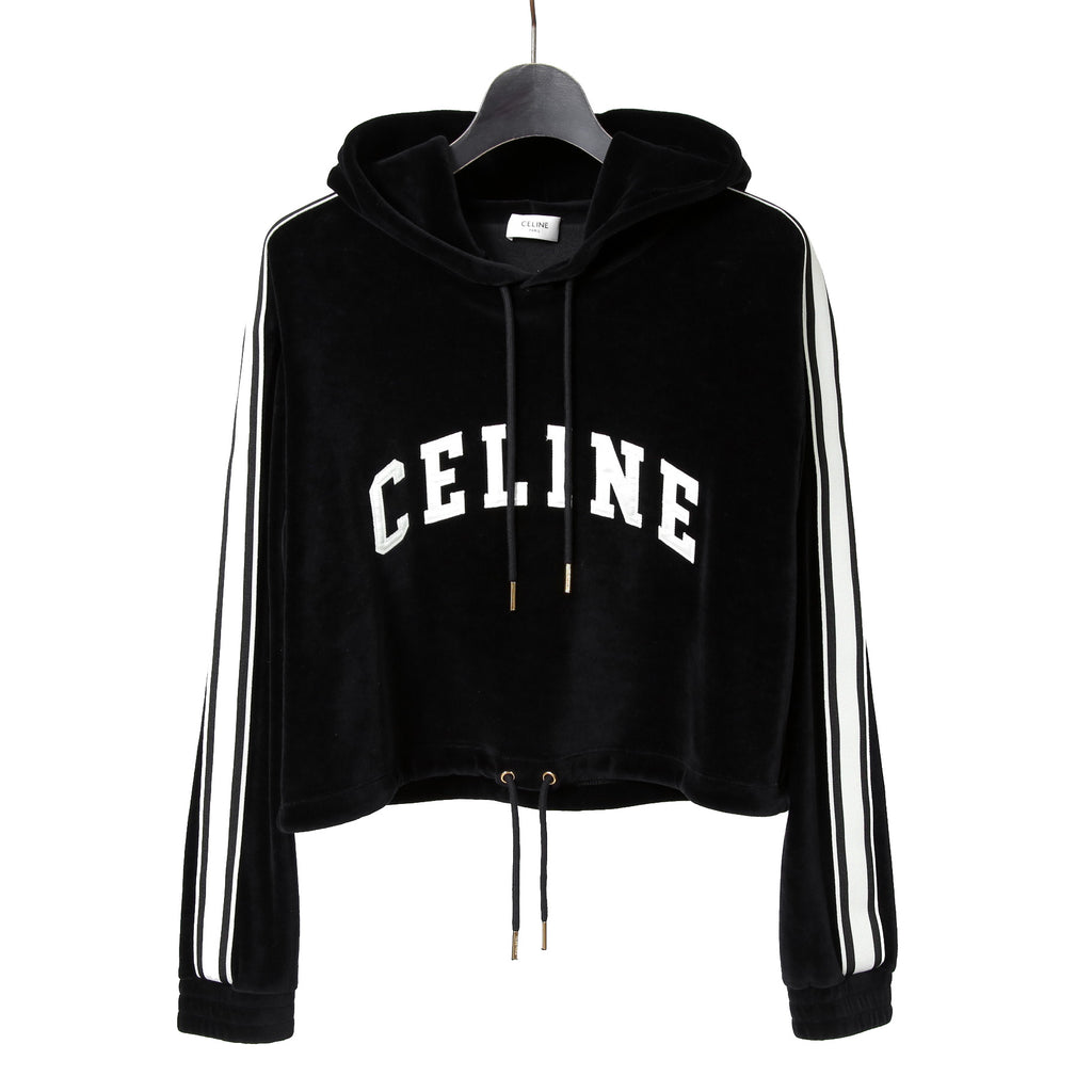 CELINE セリーヌ / 2024AW 美品 ロゴ パッチ ベルベット プルオーバー パーカー / ベロア 長袖 / 2Y12C748Q  / size M (BLACK)