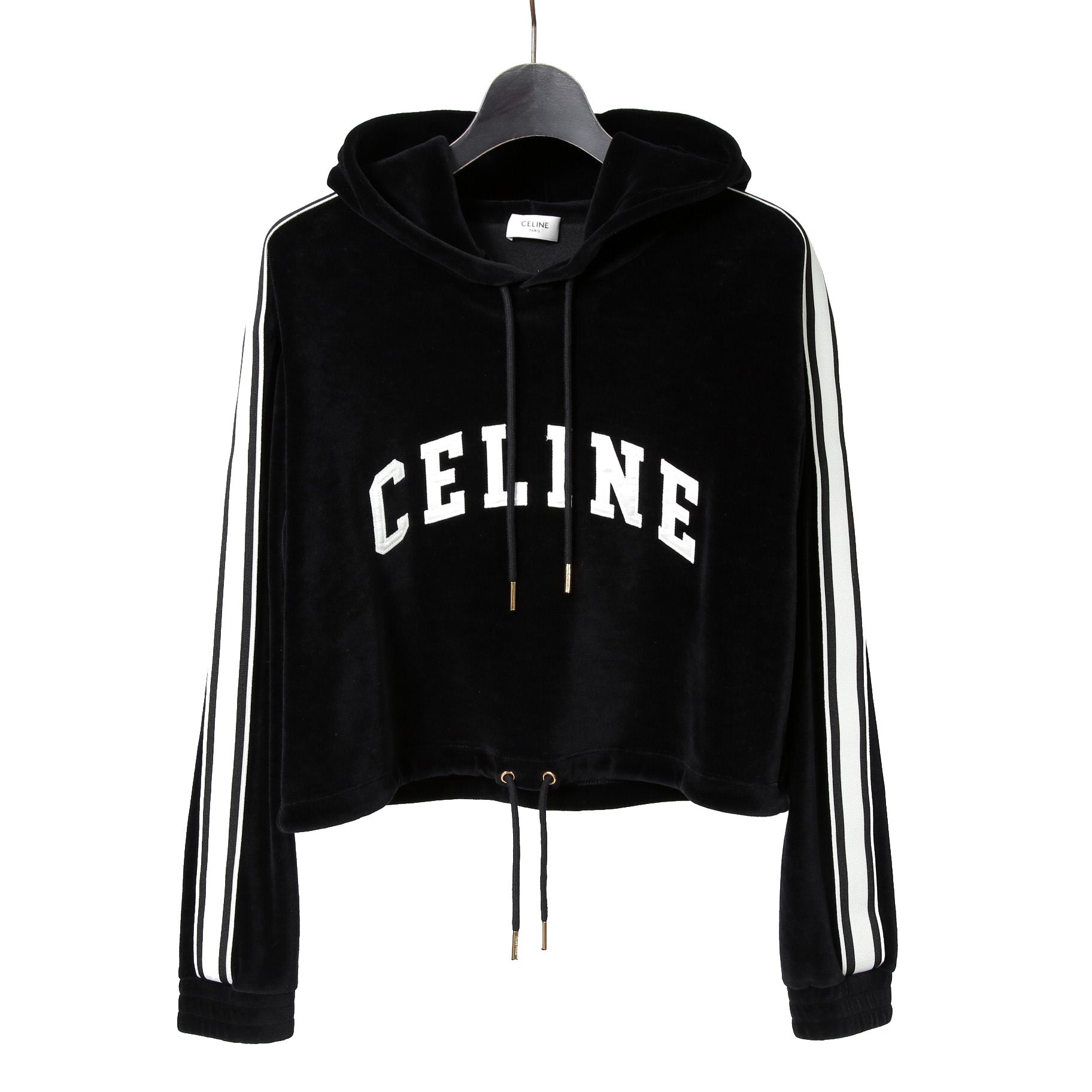 CELINE セリーヌ / 2024AW 美品 ロゴ パッチ ベルベット プルオーバー パーカー / ベロア 長袖 / 2Y12C748Q  / size M (BLACK)