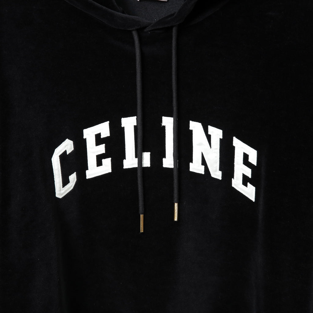 CELINE セリーヌ / 2024AW 美品 ロゴ パッチ ベルベット プルオーバー パーカー / ベロア 長袖 / 2Y12C748Q  / size M (BLACK)