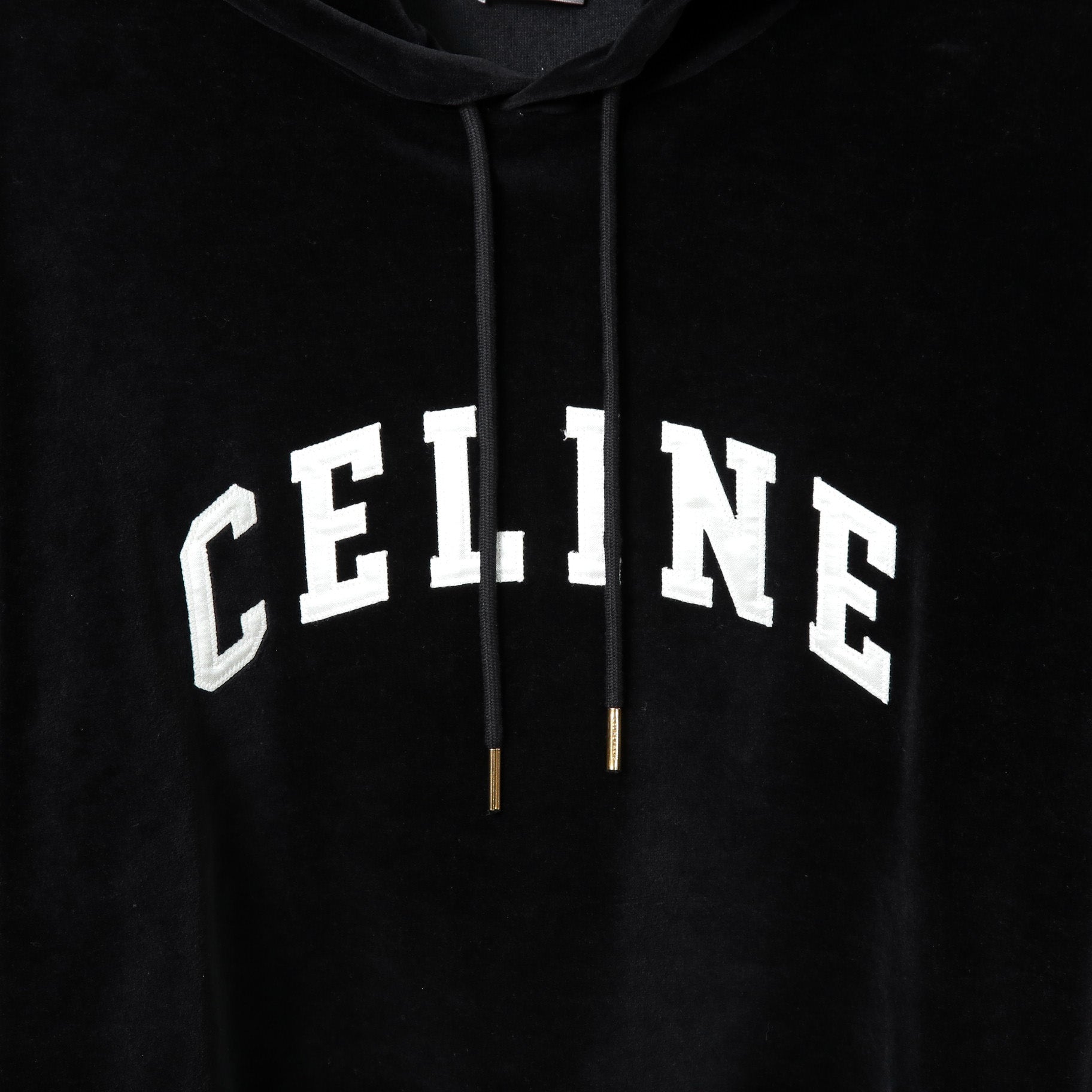 CELINE セリーヌ / 2024AW 美品 ロゴ パッチ ベルベット プルオーバー パーカー / ベロア 長袖 / 2Y12C748Q  / size M (BLACK)