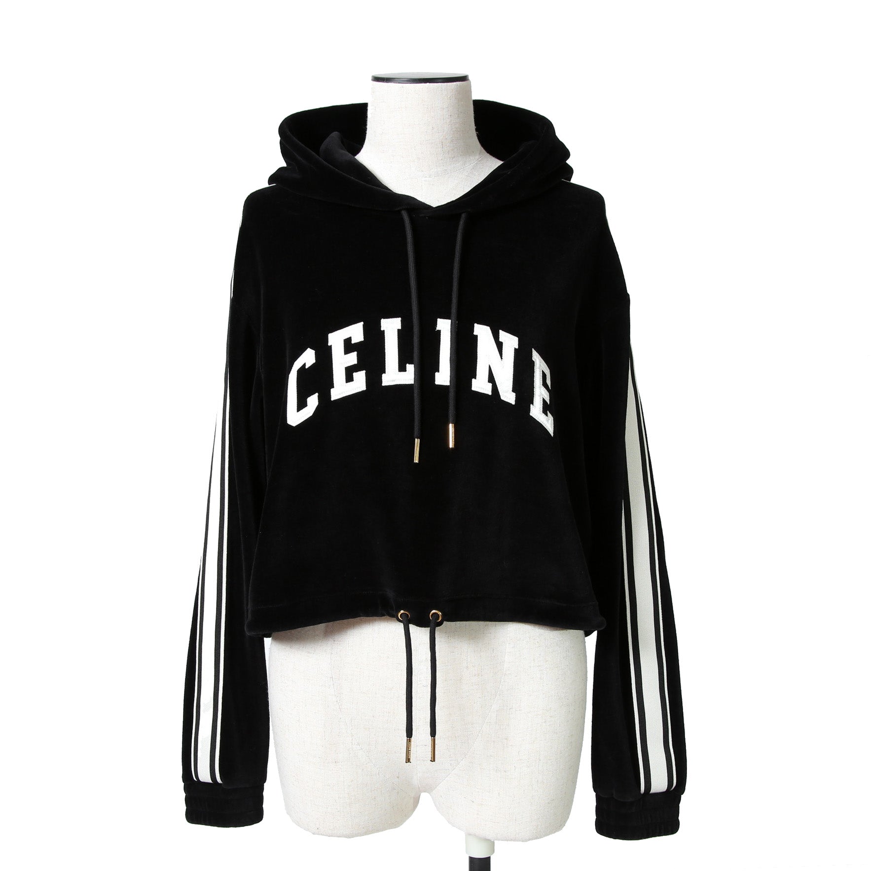 CELINE セリーヌ / 2024AW 美品 ロゴ パッチ ベルベット プルオーバー パーカー / ベロア 長袖 / 2Y12C748Q  / size M (BLACK)