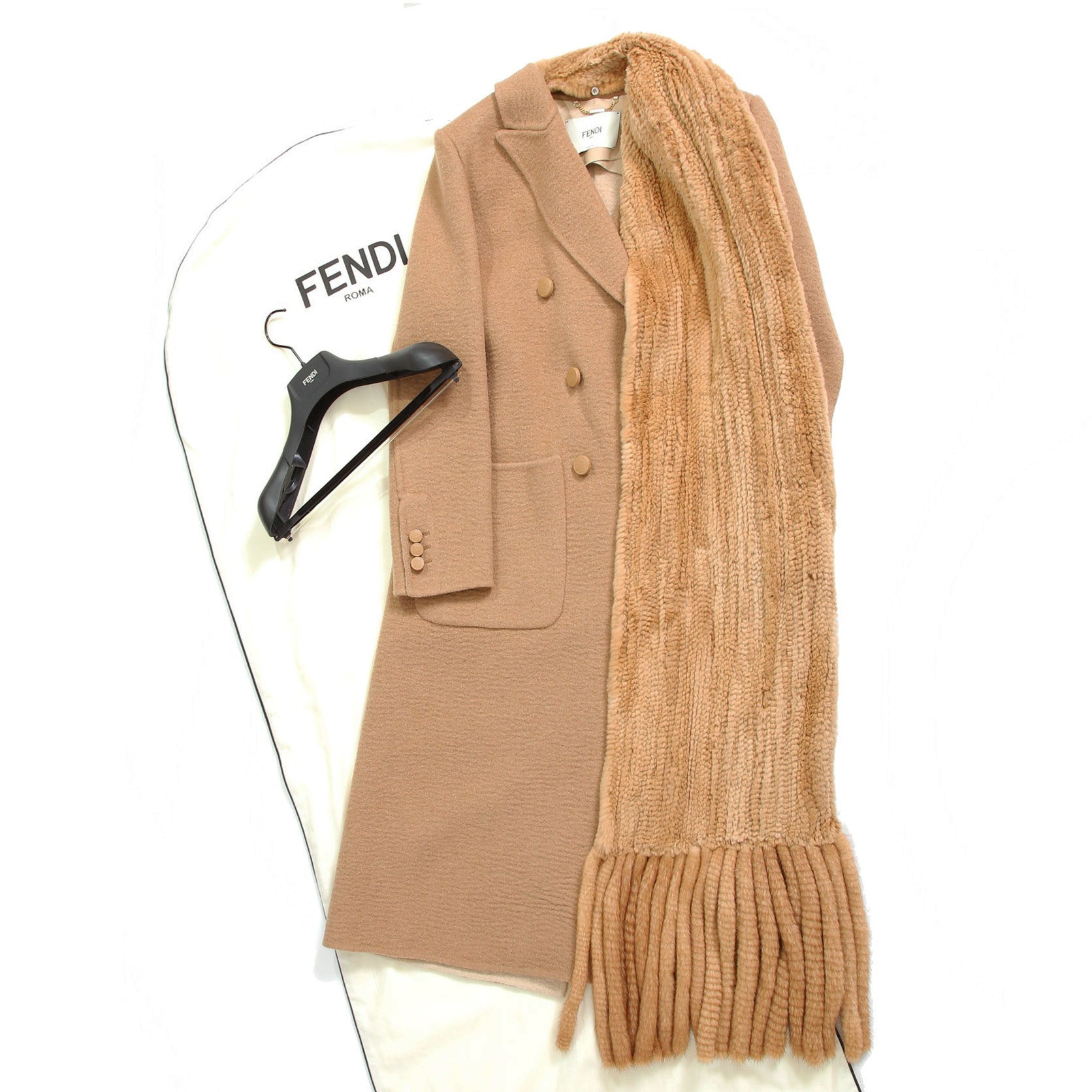 FENDI フェンディ / 2021AW 極美品  キャメルヘア ダブル ブレスト ロングコート / ミンクファー ストール / FF8155 A8GR / size 38 (M) CAMEL