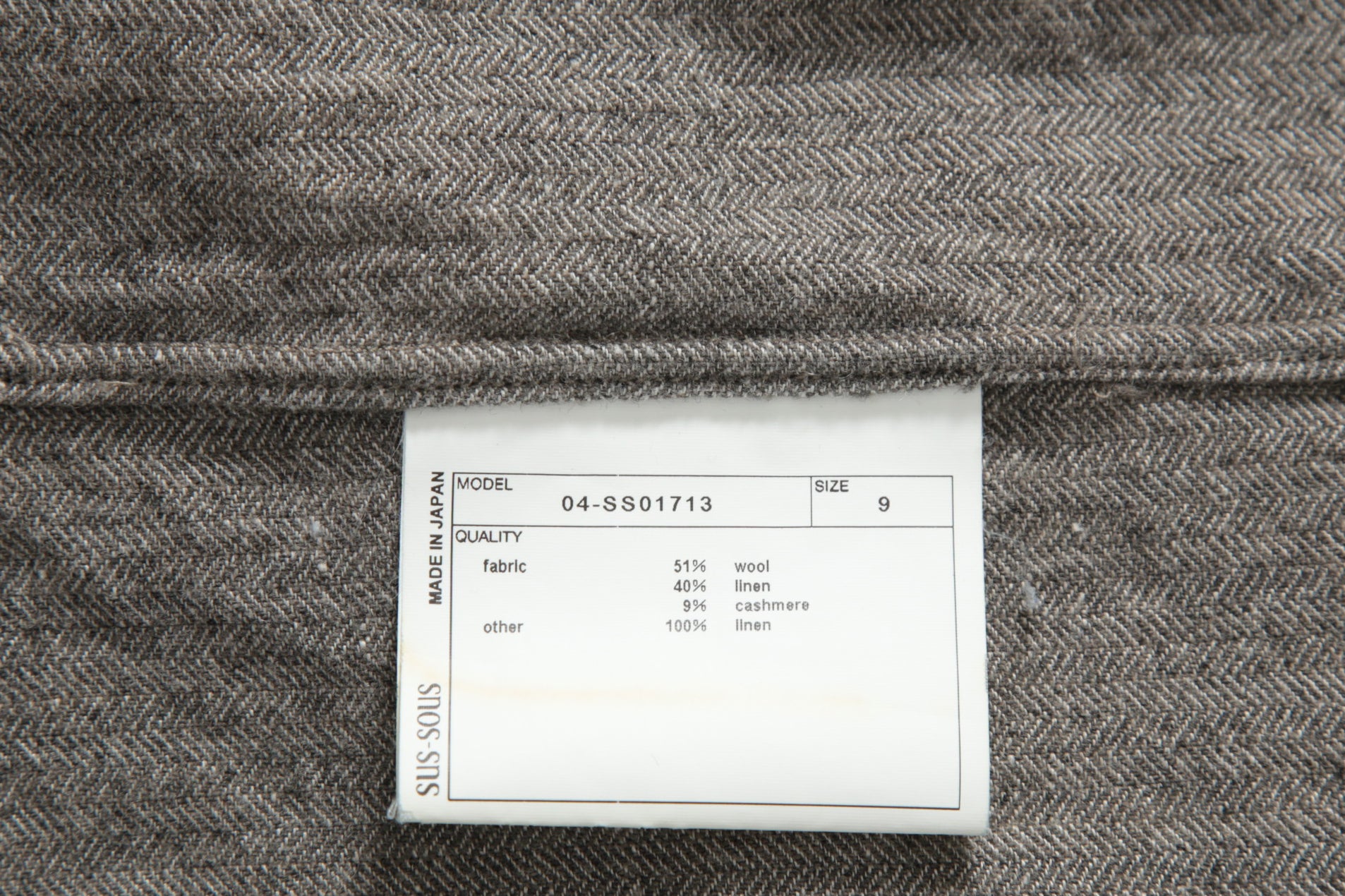 極美品 sus-sous シュスー / ウール/リネン/ カシミア ヘリンボーン スリーピング スモック / size 9 (GRAY)