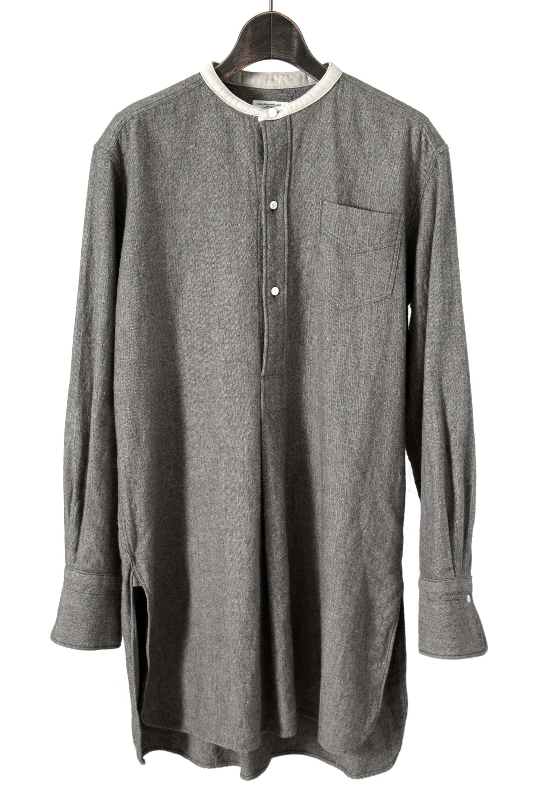 極美品 sus-sous シュスー / ウール/リネン/ カシミア ヘリンボーン shirt officers pullover / size 9 (GRAY)