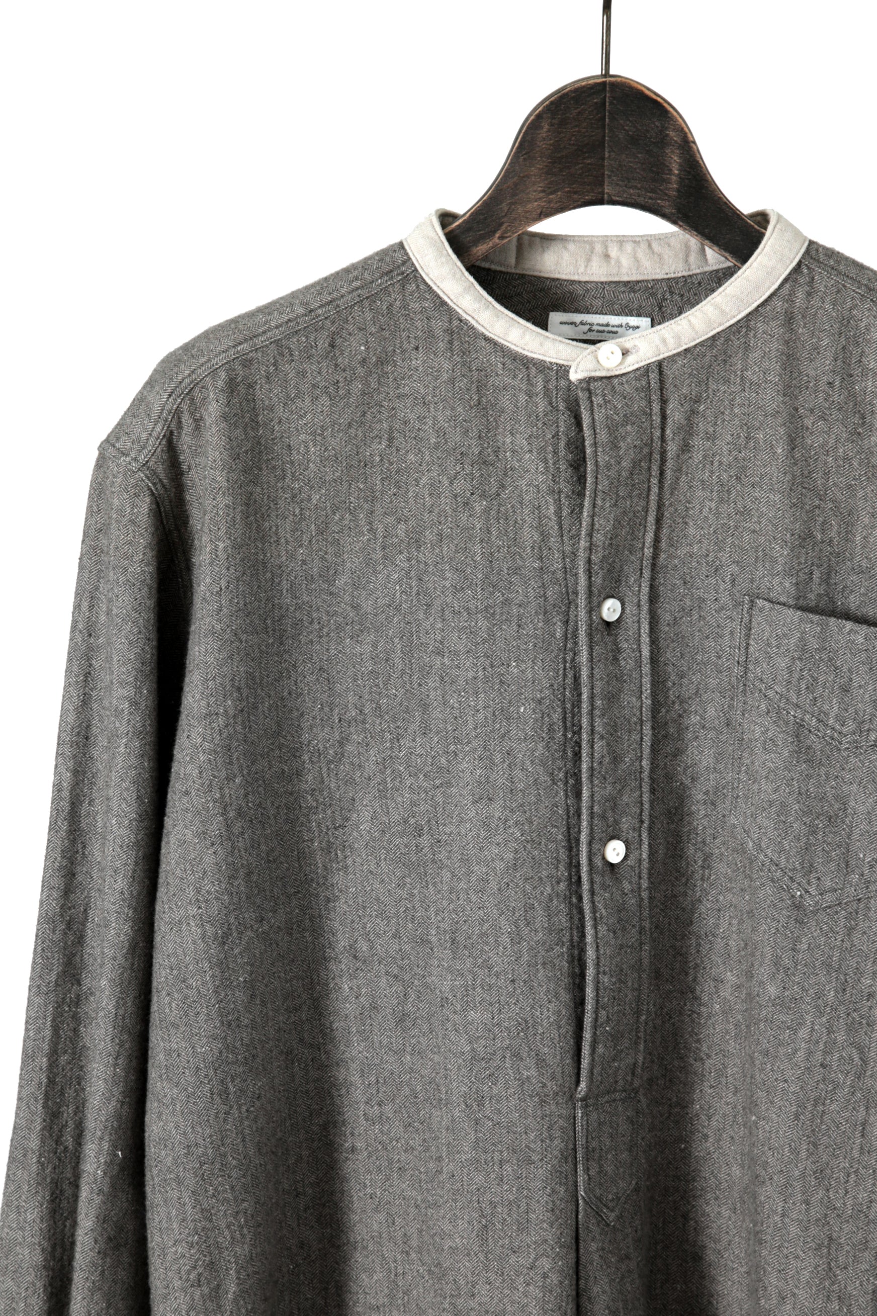 極美品 sus-sous シュスー / ウール/リネン/ カシミア ヘリンボーン shirt officers pullover / size 9 (GRAY)