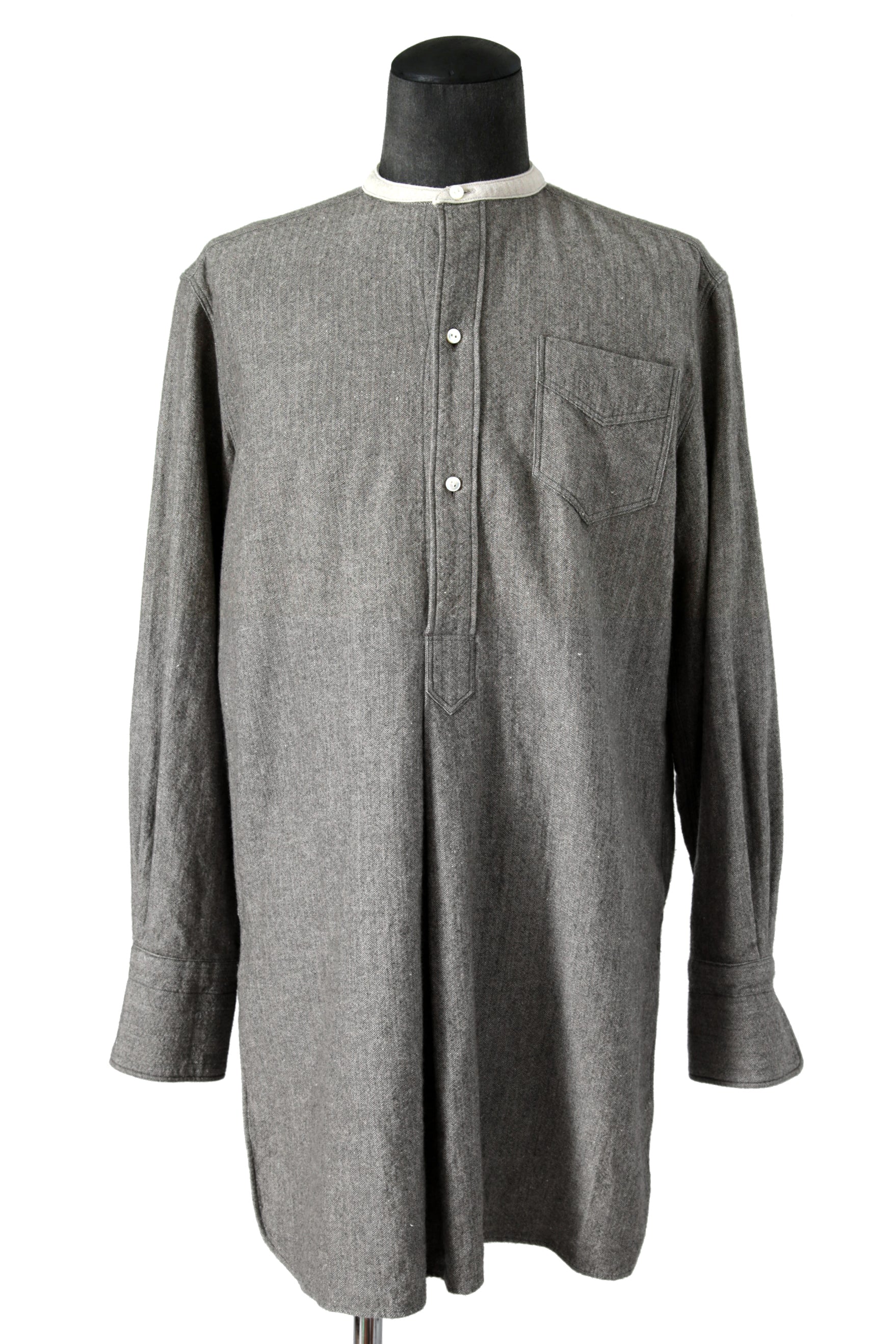 極美品 sus-sous シュスー / ウール/リネン/ カシミア ヘリンボーン shirt officers pullover / size 9 (GRAY)