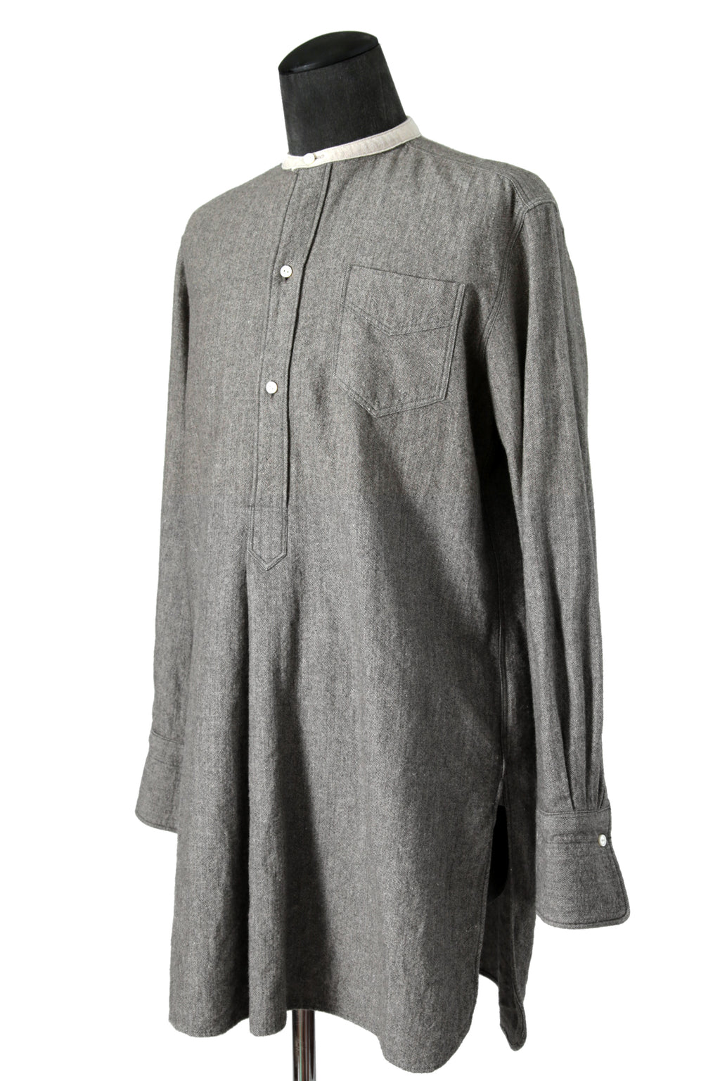 極美品 sus-sous シュスー / ウール/リネン/ カシミア ヘリンボーン shirt officers pullover / size 9 (GRAY)