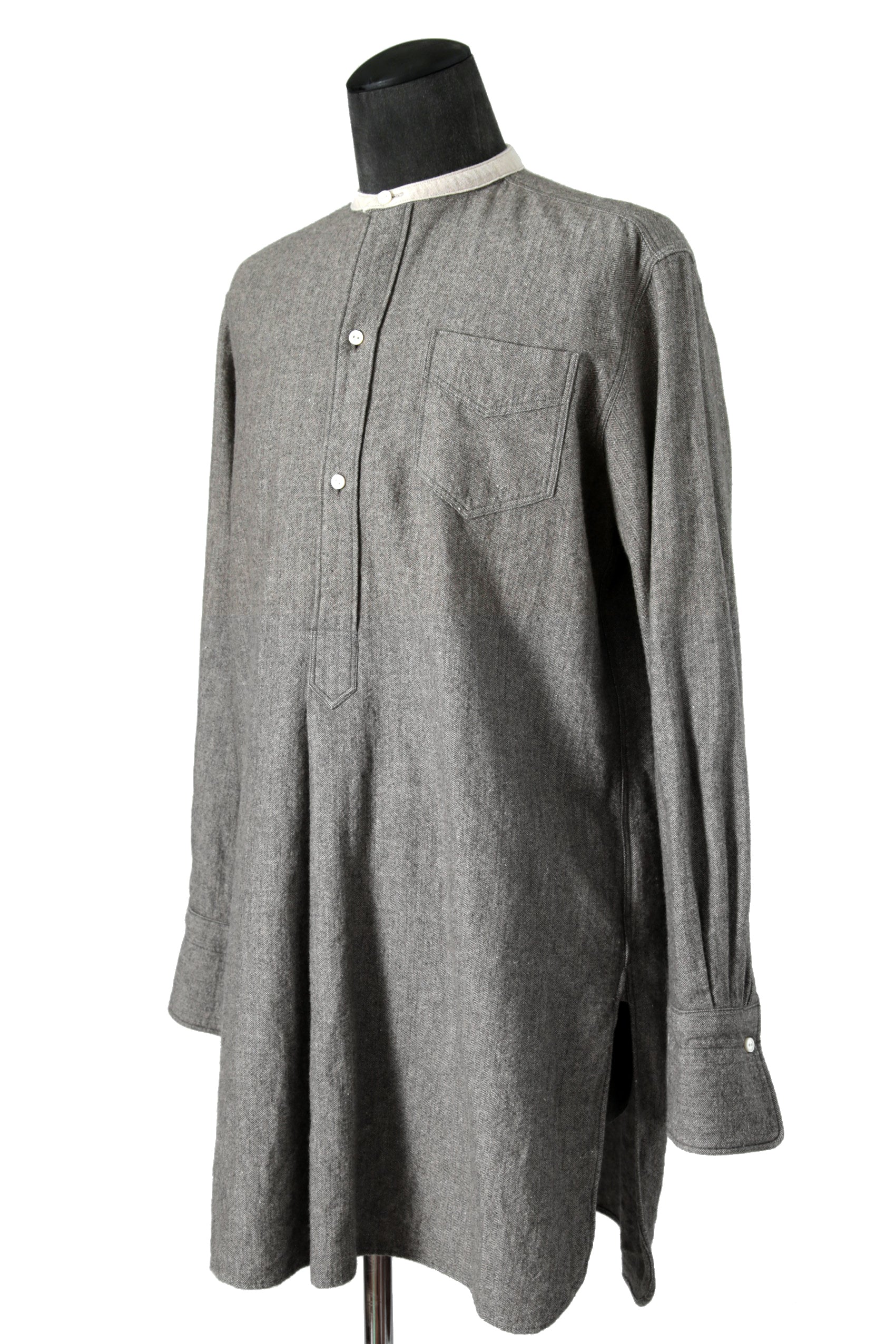 極美品 sus-sous シュスー / ウール/リネン/ カシミア ヘリンボーン shirt officers pullover / size 9 (GRAY)