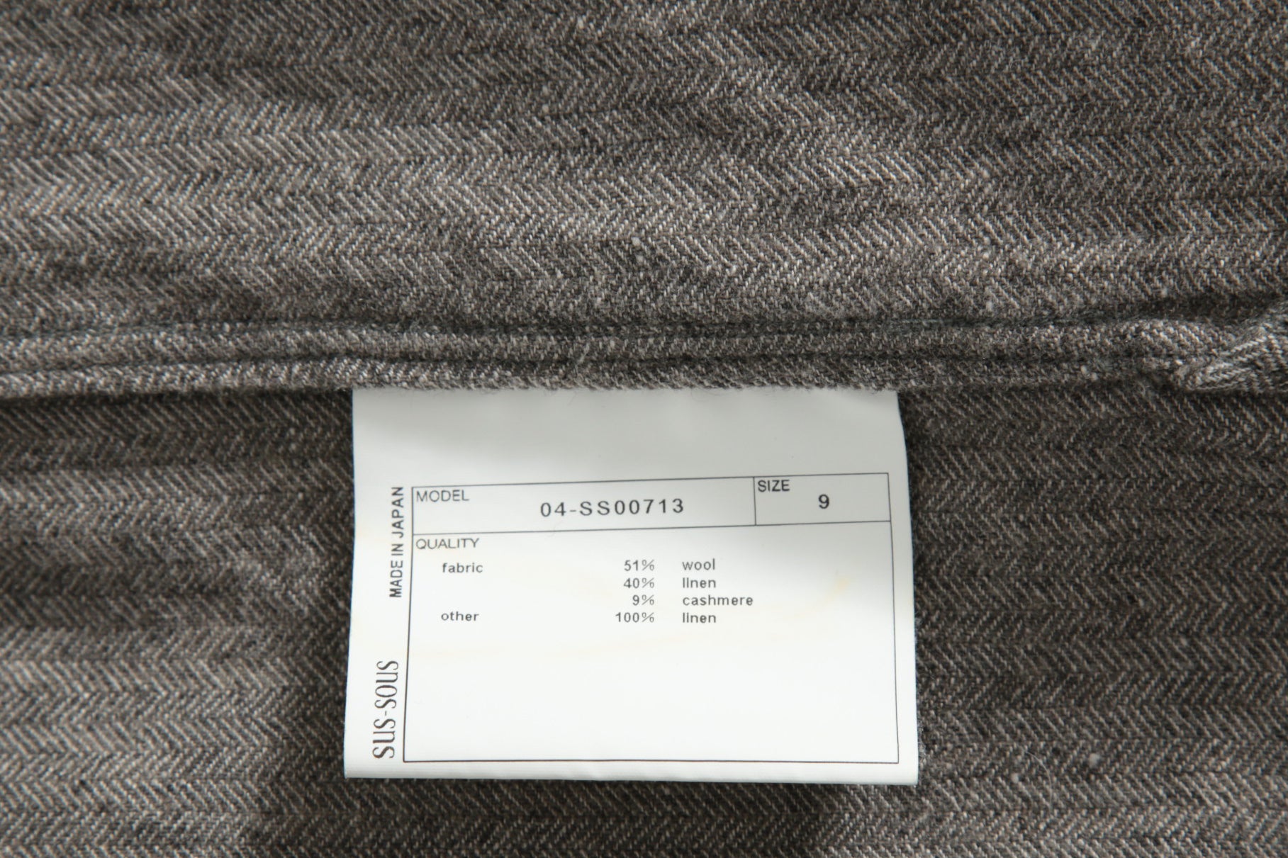 極美品 sus-sous シュスー / ウール/リネン/ カシミア ヘリンボーン shirt officers pullover / size 9 (GRAY)