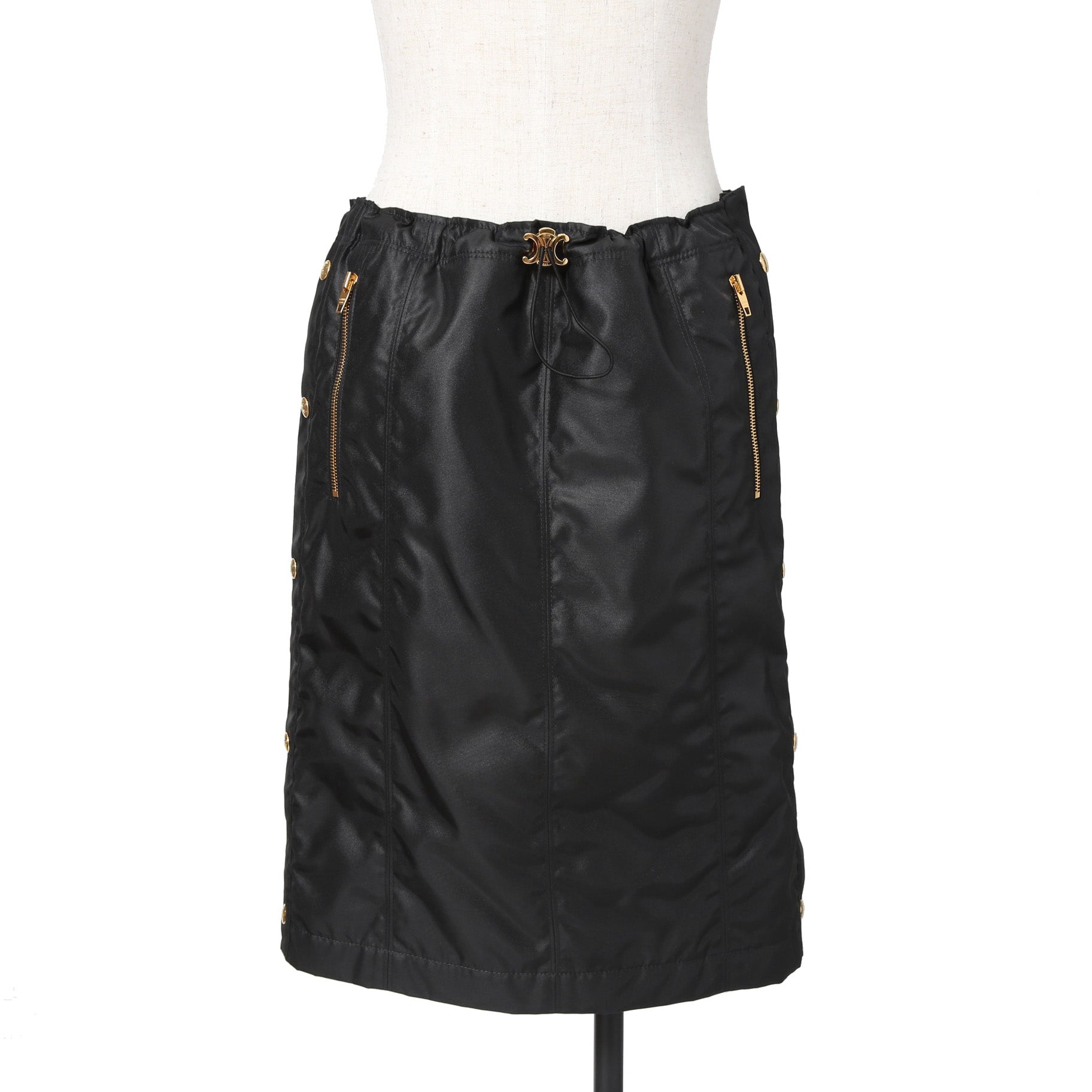 新品 CELINE セリーヌ / トリオンフ ゴールド 刻印ボタン /  裏キルティング スカート/ 2Z283020T / size 38 (M) BLACK