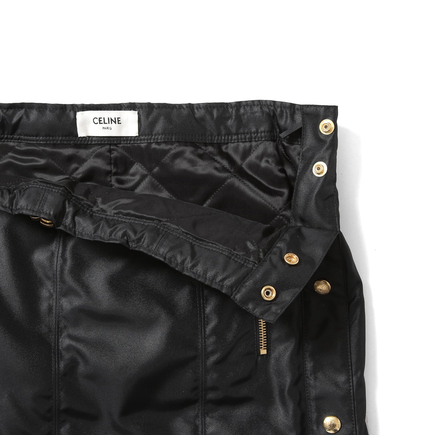 新品 CELINE セリーヌ / トリオンフ ゴールド 刻印ボタン /  裏キルティング スカート/ 2Z283020T / size 38 (M) BLACK