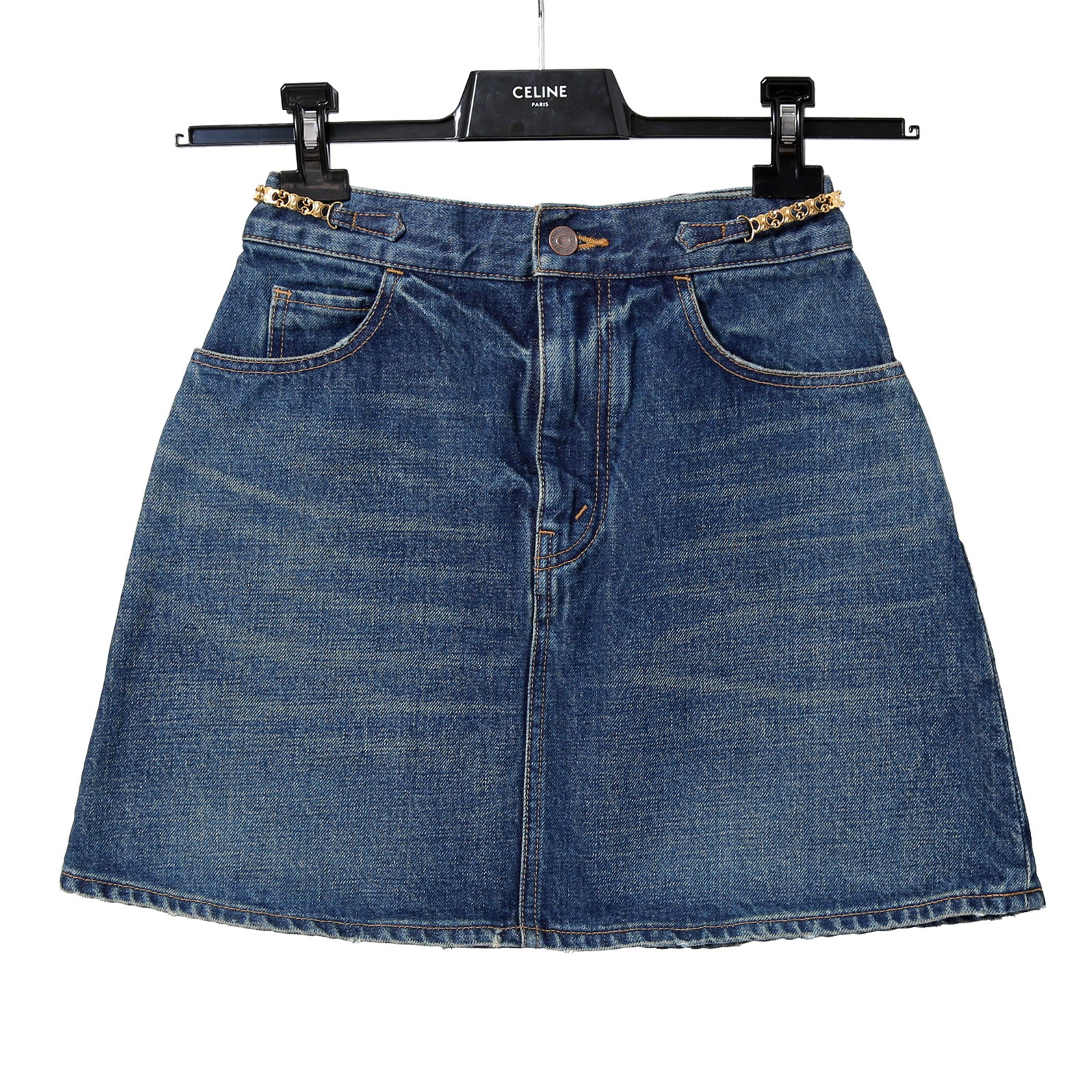 CELINE セリーヌ / 23SS エディスリマン期 / トリオンフ ゴールドチェーン デニム ミニスカート / size 27 (INDIGO) レディース