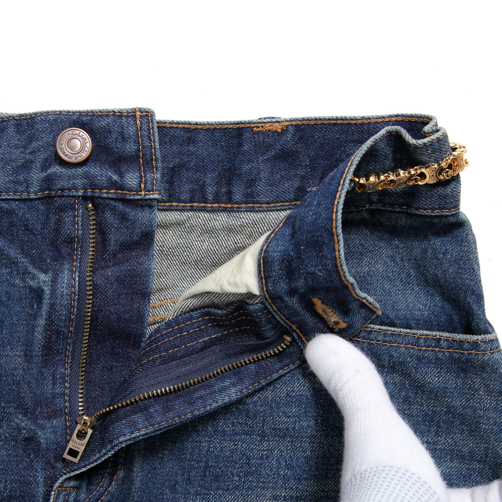 CELINE セリーヌ / 23SS エディスリマン期 / トリオンフ ゴールドチェーン デニム ミニスカート / size 27 (INDIGO) レディース