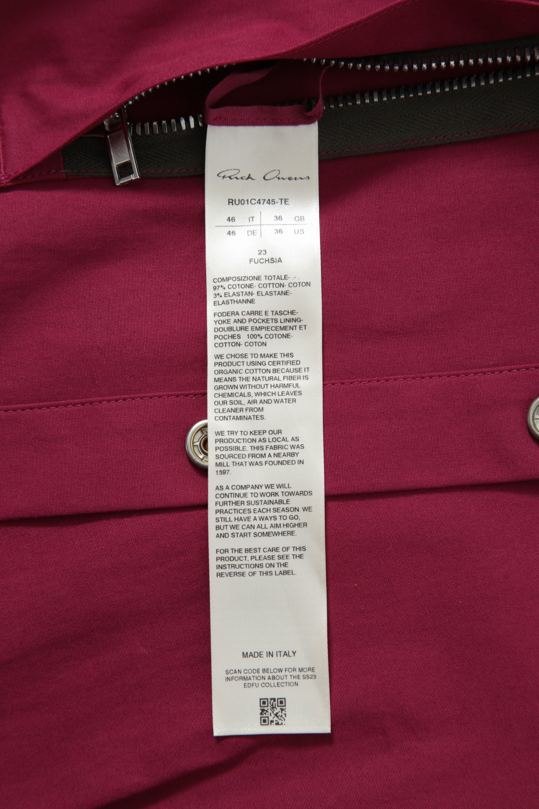 美品 RICK OWENS リックオウエンス / 22FW Jumbo Fogpocket Outershirt Jacket アウターシャツ / RU01C4745-TE / size 46 (23 FUCHSIA)