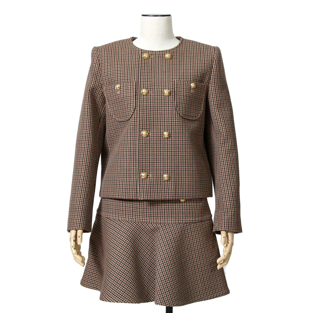 CELINE セリーヌ / 20AW 極美品 千鳥格子(ダブルハンドトゥース) チェルシージャケット フリルスカート / セットアップ / コットンxウール / 2V77R064V 28BZ / 2J677064V 28BZ / size 38 (BROWN)