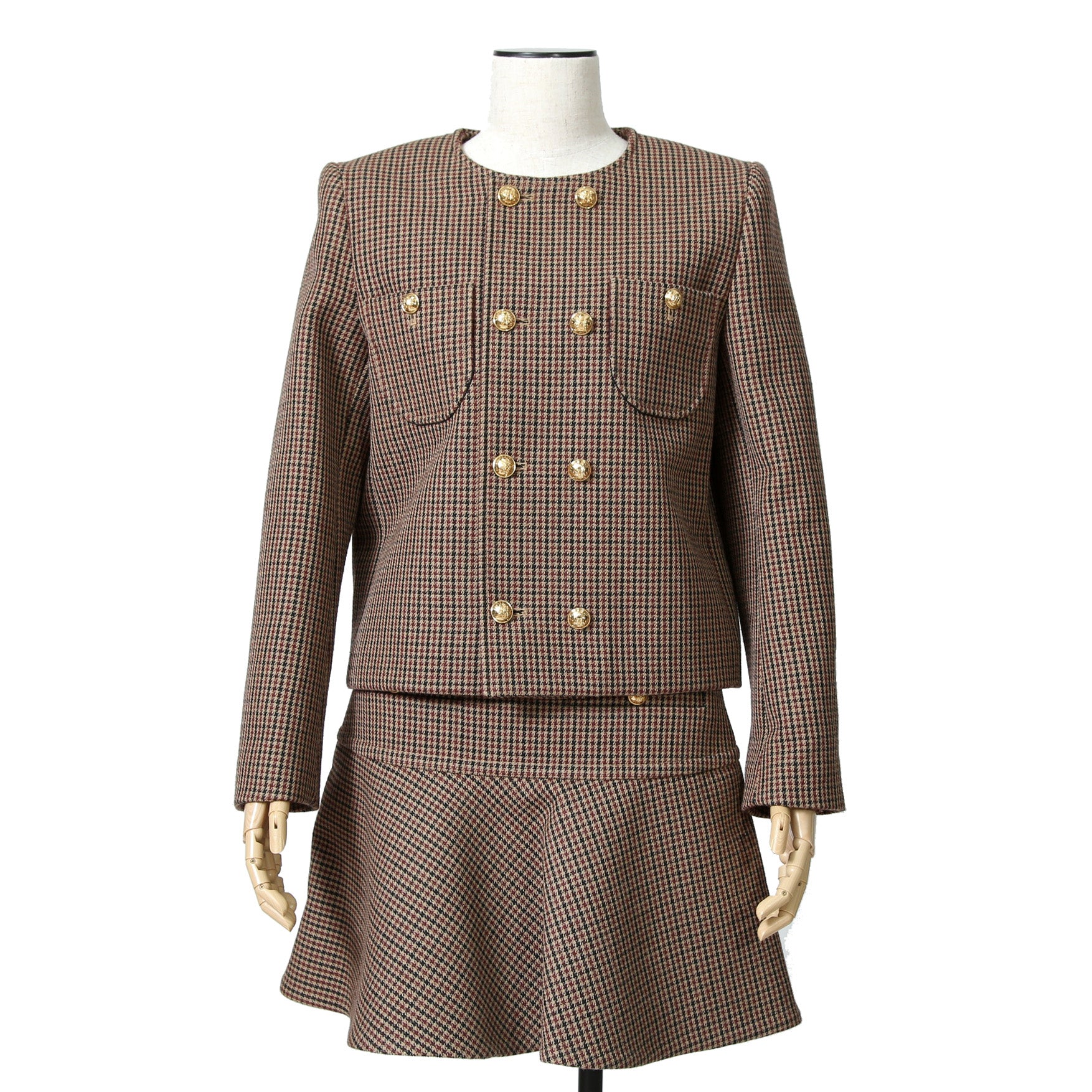 CELINE セリーヌ / 20AW 極美品 千鳥格子(ダブルハンドトゥース) チェルシージャケット フリルスカート / セットアップ / コットンxウール / 2V77R064V 28BZ / 2J677064V 28BZ / size 38 (BROWN)