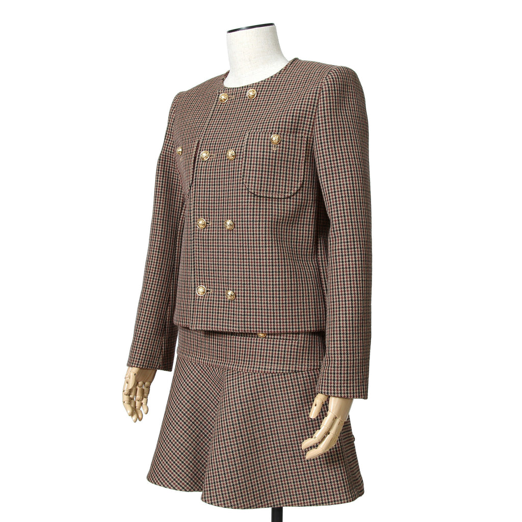 CELINE セリーヌ / 20AW 極美品 千鳥格子(ダブルハンドトゥース) チェルシージャケット フリルスカート / セットアップ / コットンxウール / 2V77R064V 28BZ / 2J677064V 28BZ / size 38 (BROWN)