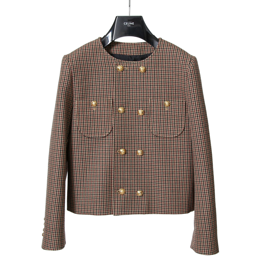 CELINE セリーヌ / 20AW 極美品 千鳥格子(ダブルハンドトゥース) チェルシージャケット フリルスカート / セットアップ / コットンxウール / 2V77R064V 28BZ / 2J677064V 28BZ / size 38 (BROWN)