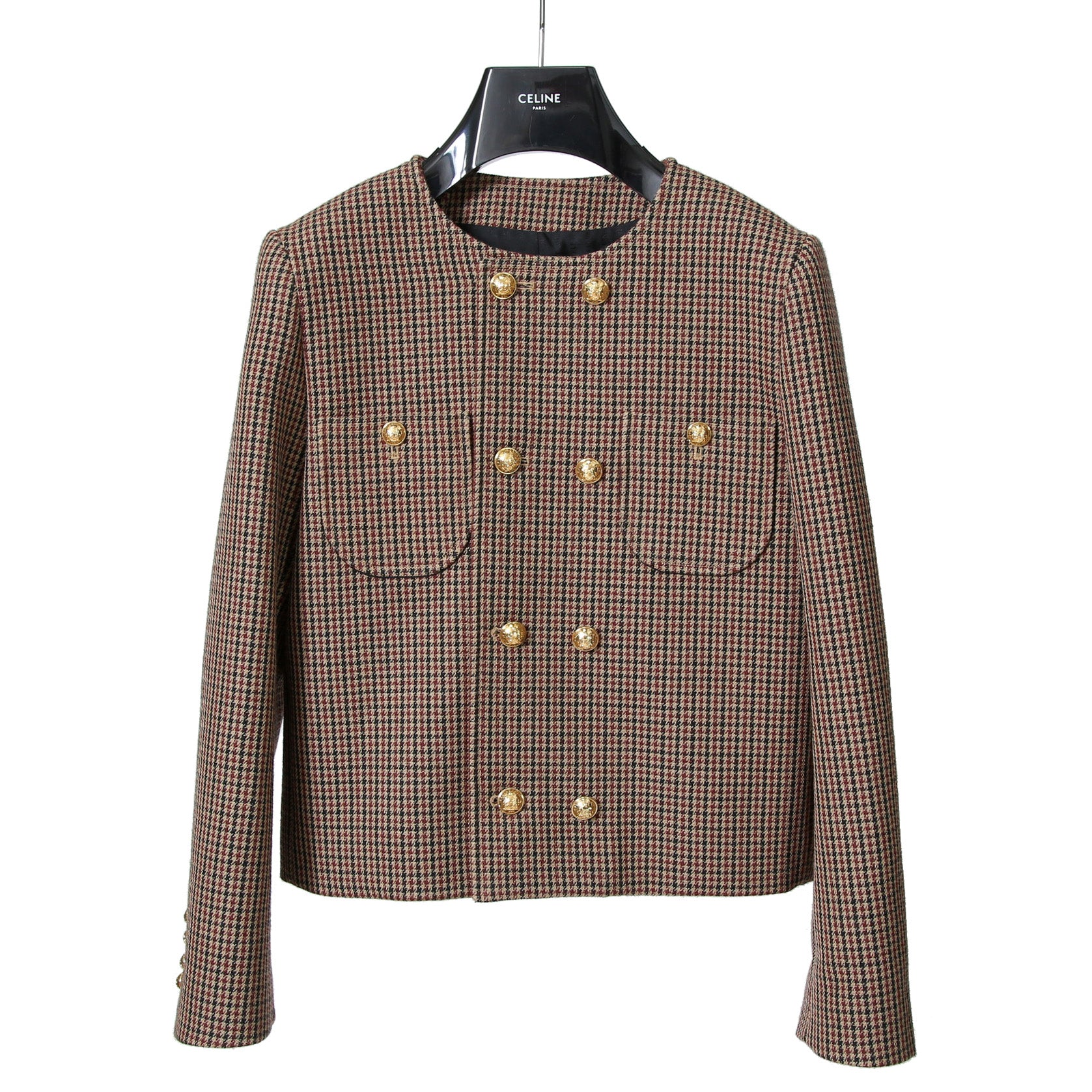 CELINE セリーヌ / 20AW 極美品 千鳥格子(ダブルハンドトゥース) チェルシージャケット フリルスカート / セットアップ / コットンxウール / 2V77R064V 28BZ / 2J677064V 28BZ / size 38 (BROWN)