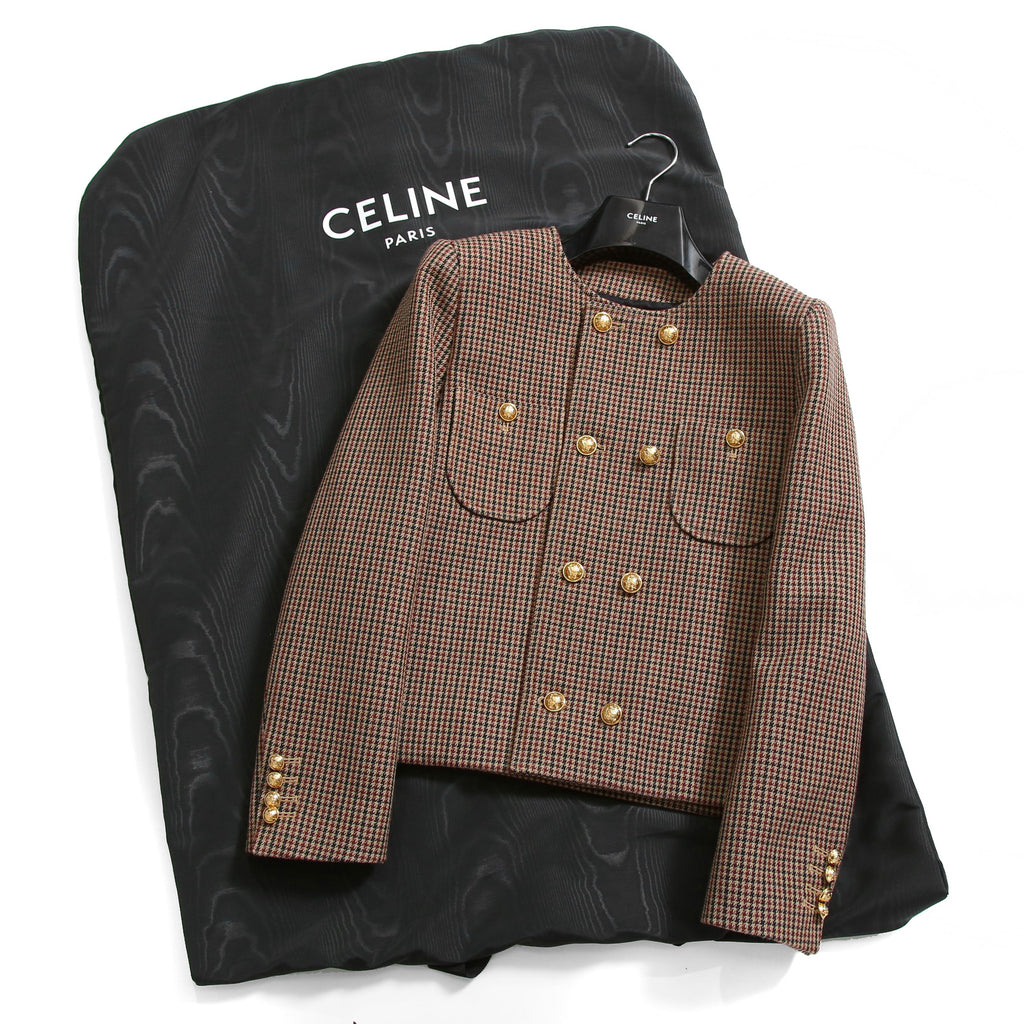 CELINE セリーヌ / 20AW 極美品 千鳥格子(ダブルハンドトゥース) チェルシージャケット フリルスカート / セットアップ / コットンxウール / 2V77R064V 28BZ / 2J677064V 28BZ / size 38 (BROWN)