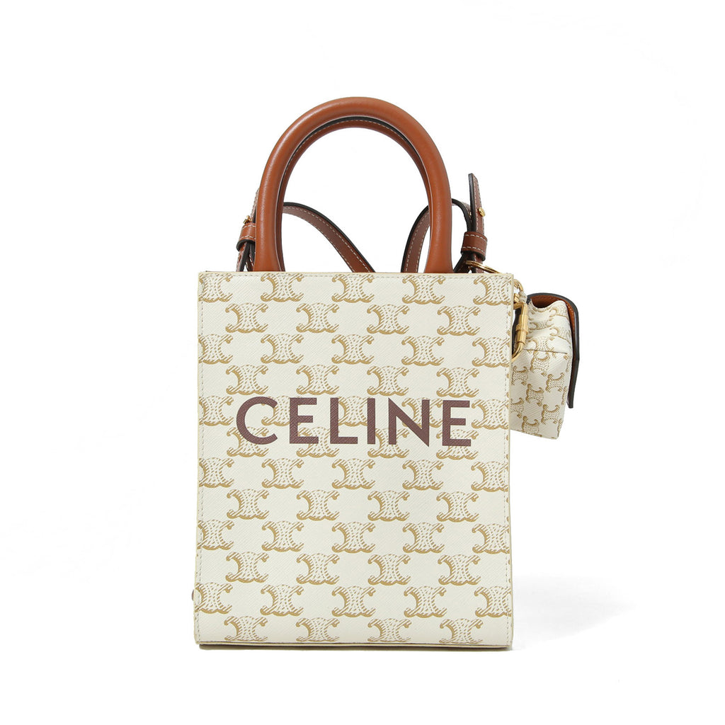 CELINE セリーヌ / ミニ バーティカル カバ / トリオンフ キャンバス カーフレザー  / 2WAYバッグ / エアポッズケース / トート ショルダーバッグ / WHITE