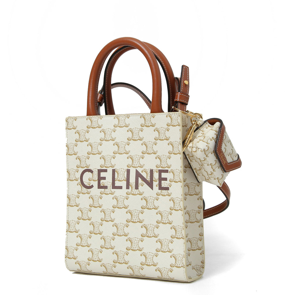 CELINE セリーヌ / ミニ バーティカル カバ / トリオンフ キャンバス カーフレザー  / 2WAYバッグ / エアポッズケース / トート ショルダーバッグ / WHITE
