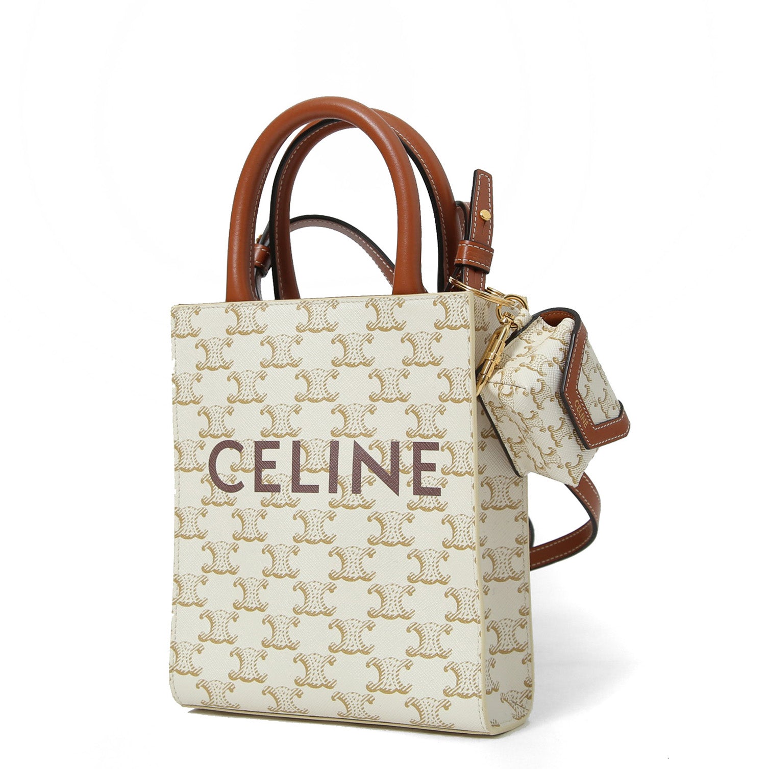 CELINE セリーヌ / ミニ バーティカル カバ / トリオンフ キャンバス カーフレザー  / 2WAYバッグ / エアポッズケース / トート ショルダーバッグ / WHITE
