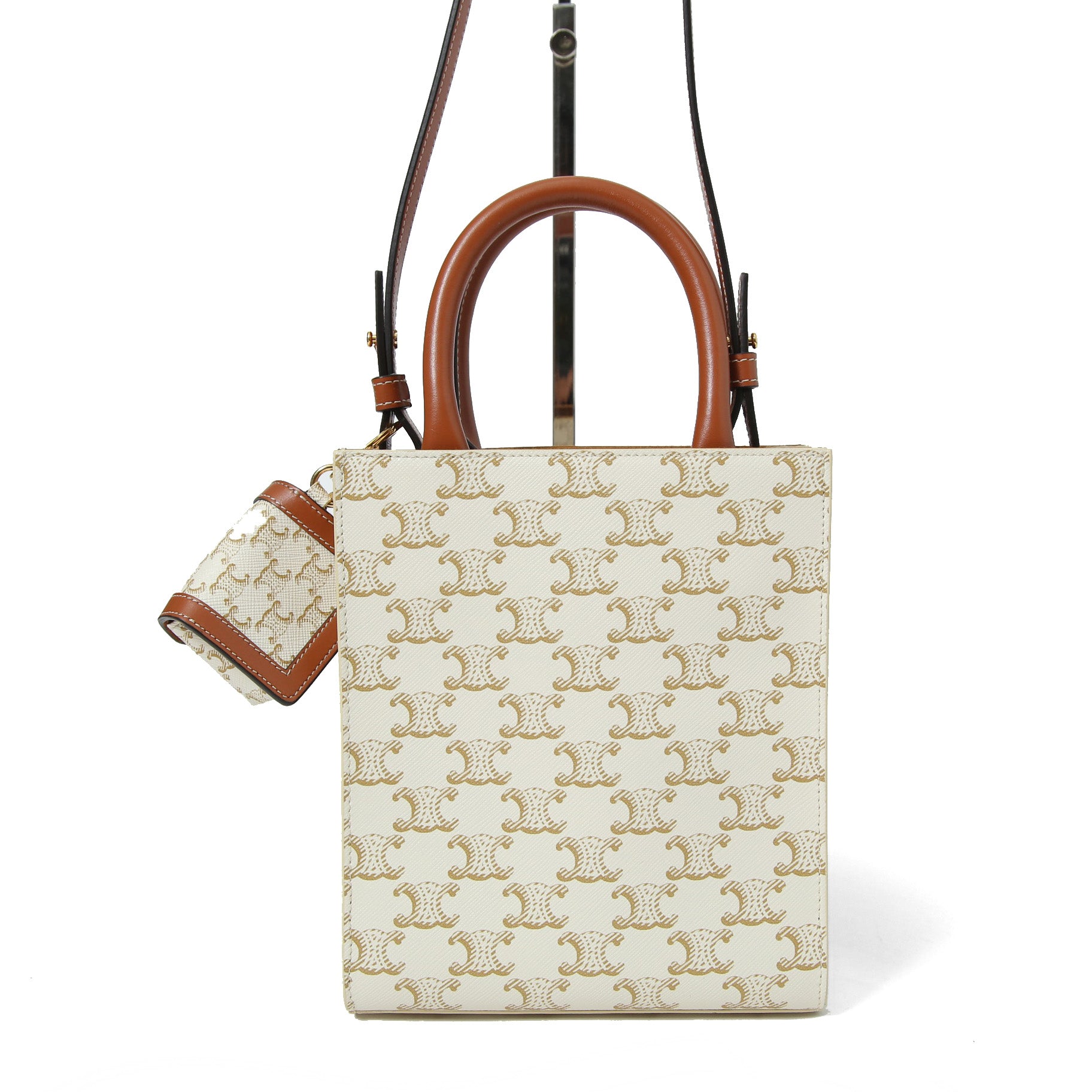 CELINE セリーヌ / ミニ バーティカル カバ / トリオンフ キャンバス カーフレザー  / 2WAYバッグ / エアポッズケース / トート ショルダーバッグ / WHITE