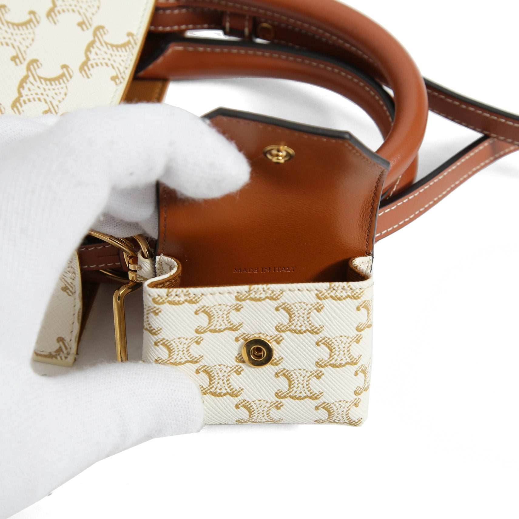 CELINE セリーヌ / ミニ バーティカル カバ / トリオンフ キャンバス カーフレザー  / 2WAYバッグ / エアポッズケース / トート ショルダーバッグ / WHITE