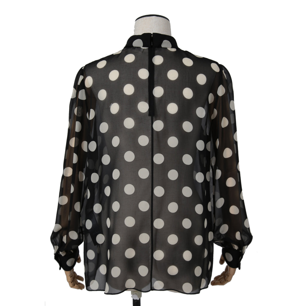 新品 CELINE セリーヌ 定価 22.5万 / 2024年 春夏 シルク100 オーバーターンドカラー ブラウス / ドット柄 / size 40 (黒×白)