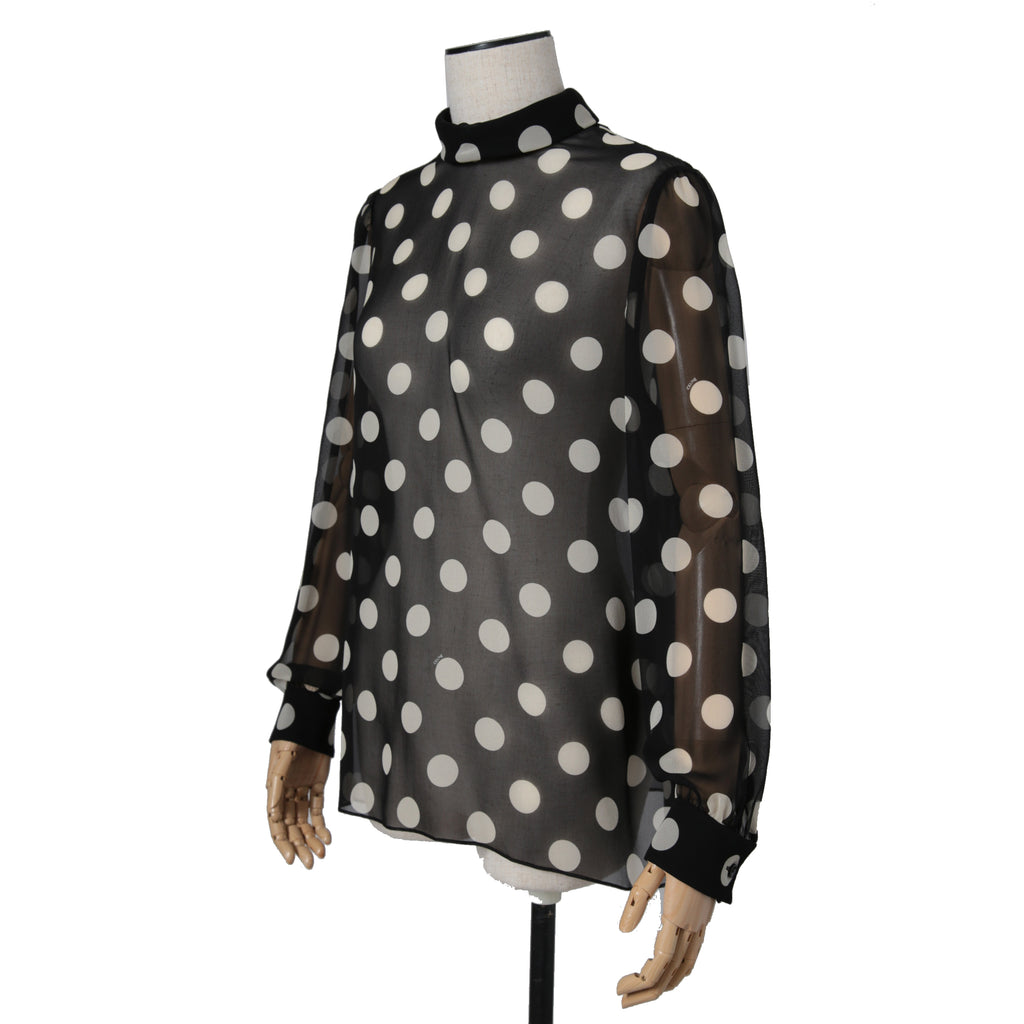 新品 CELINE セリーヌ 定価 22.5万 / 2024年 春夏 シルク100 オーバーターンドカラー ブラウス / ドット柄 / size 40 (黒×白)