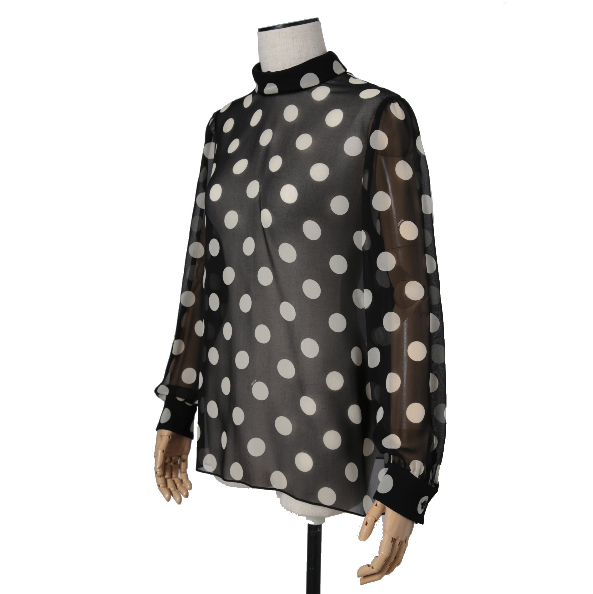 新品 CELINE セリーヌ 定価 22.5万 / 2024年 春夏 シルク100 オーバーターンドカラー ブラウス / ドット柄 / size 40 (黒×白)