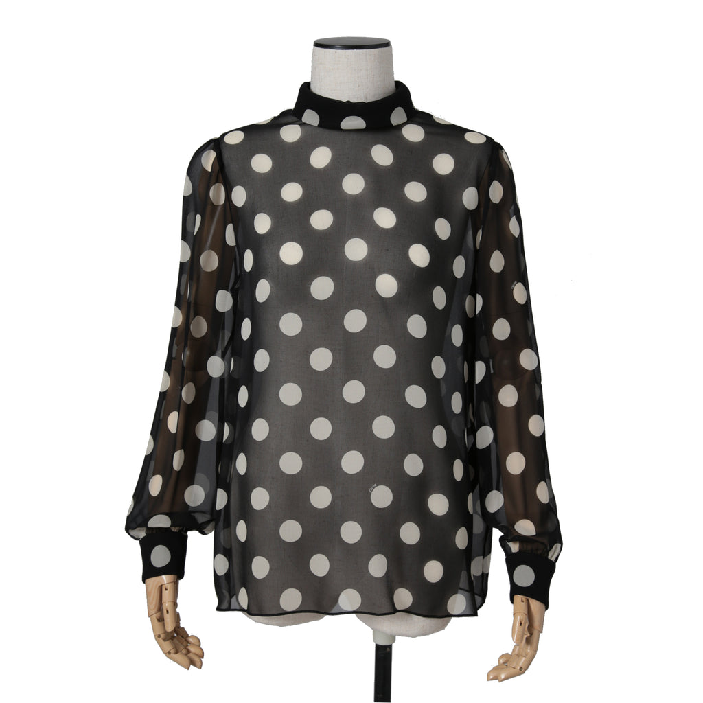 新品 CELINE セリーヌ 定価 22.5万 / 2024年 春夏 シルク100 オーバーターンドカラー ブラウス / ドット柄 / size 40 (黒×白)