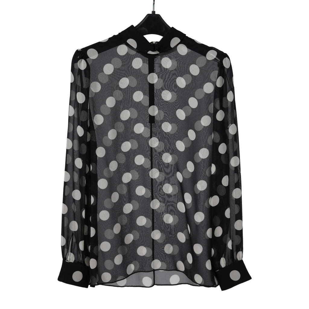 新品 CELINE セリーヌ 定価 22.5万 / 2024年 春夏 シルク100 オーバーターンドカラー ブラウス / ドット柄 / size 40 (黒×白)