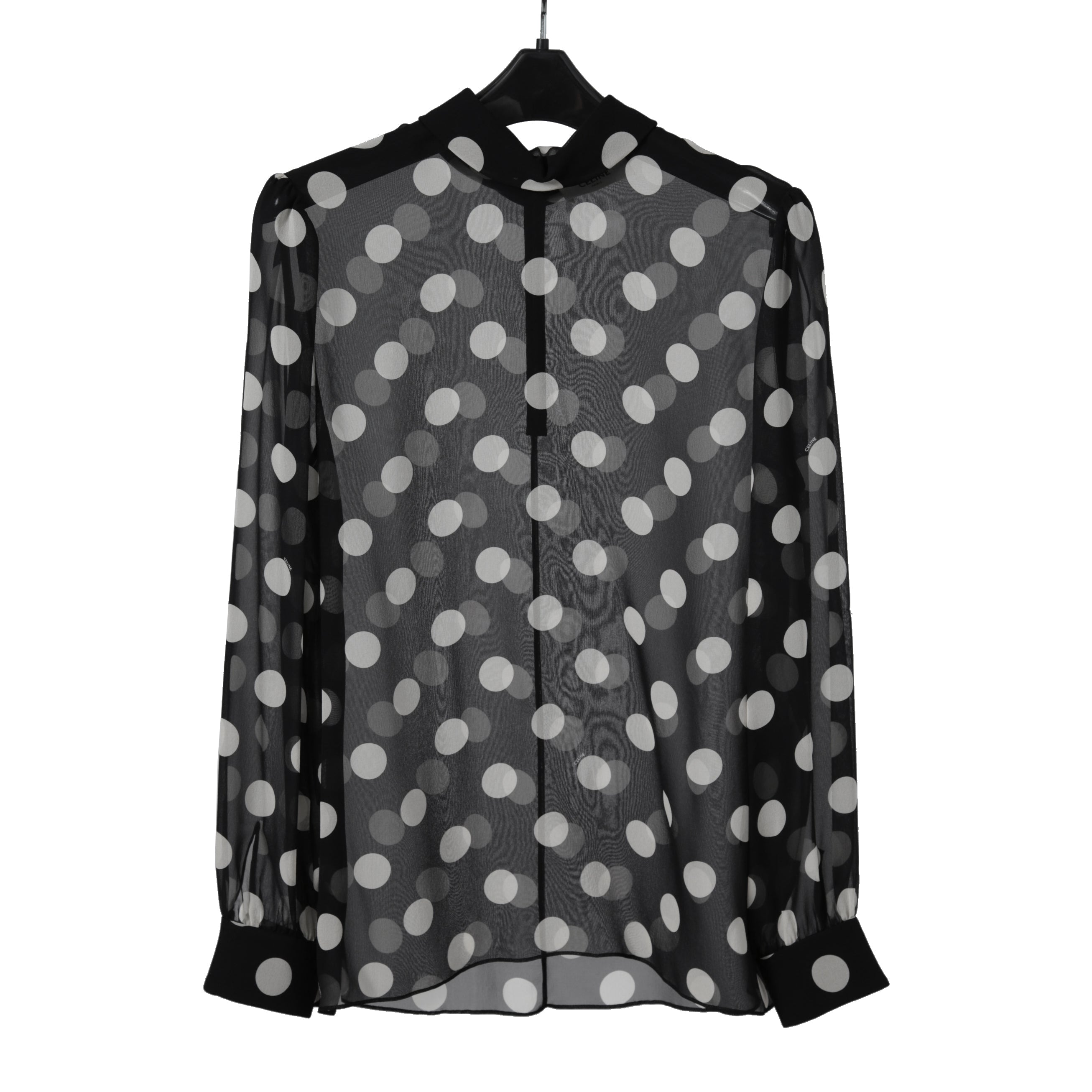 新品 CELINE セリーヌ 定価 22.5万 / 2024年 春夏 シルク100 オーバーターンドカラー ブラウス / ドット柄 / size 40 (黒×白)