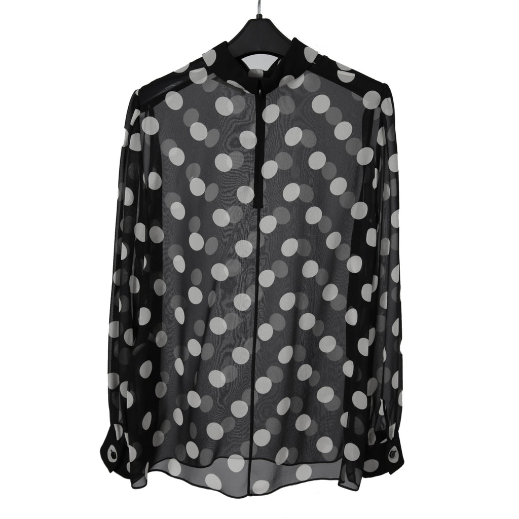 新品 CELINE セリーヌ 定価 22.5万 / 2024年 春夏 シルク100 オーバーターンドカラー ブラウス / ドット柄 / size 40 (黒×白)