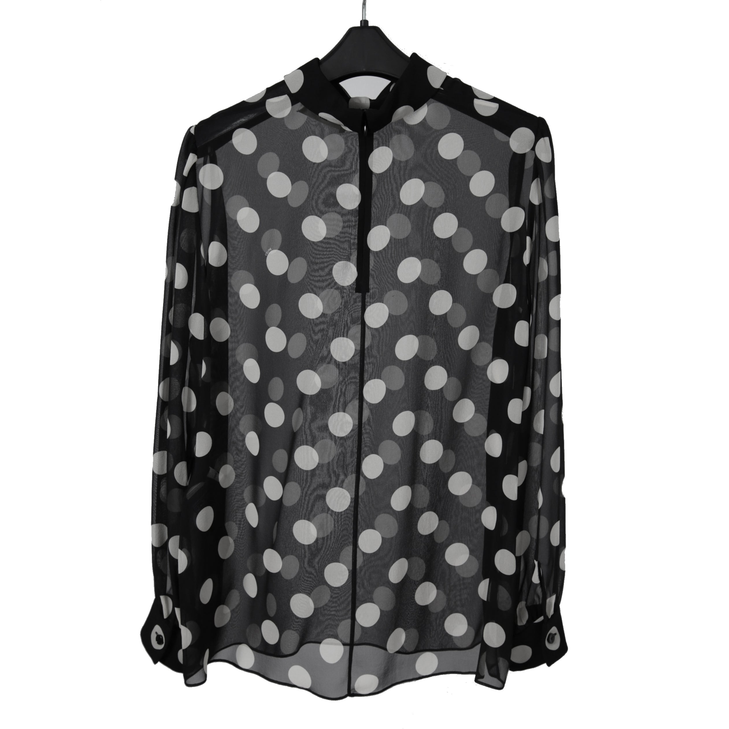 新品 CELINE セリーヌ 定価 22.5万 / 2024年 春夏 シルク100 オーバーターンドカラー ブラウス / ドット柄 / size 40 (黒×白)