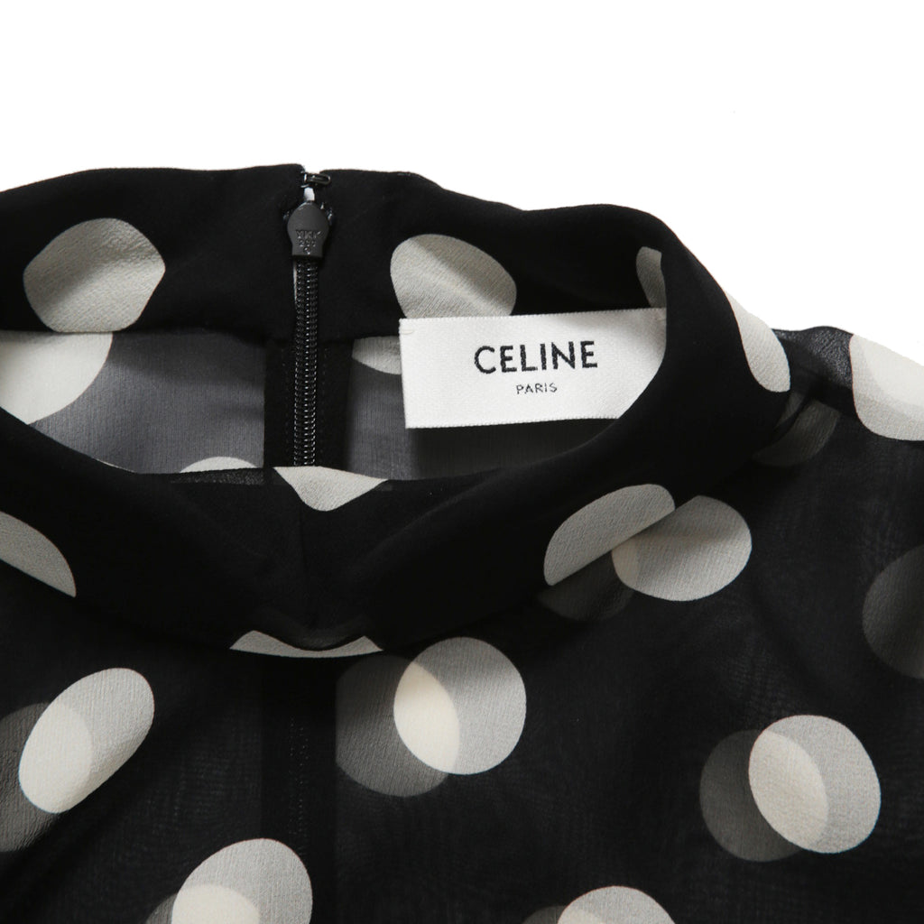 新品 CELINE セリーヌ 定価 22.5万 / 2024年 春夏 シルク100 オーバーターンドカラー ブラウス / ドット柄 / size 40 (黒×白)