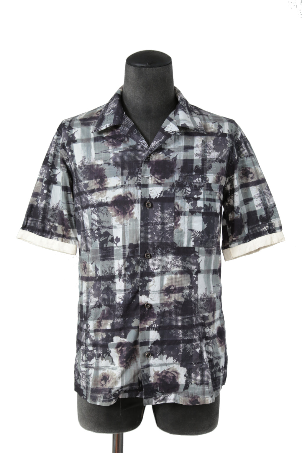 美品 イサムカタヤマバックラッシュ / フラワーチェックプリント シープレザー オープンカラー 半袖シャツ / size M (WHITE×BLACK×GRAY)