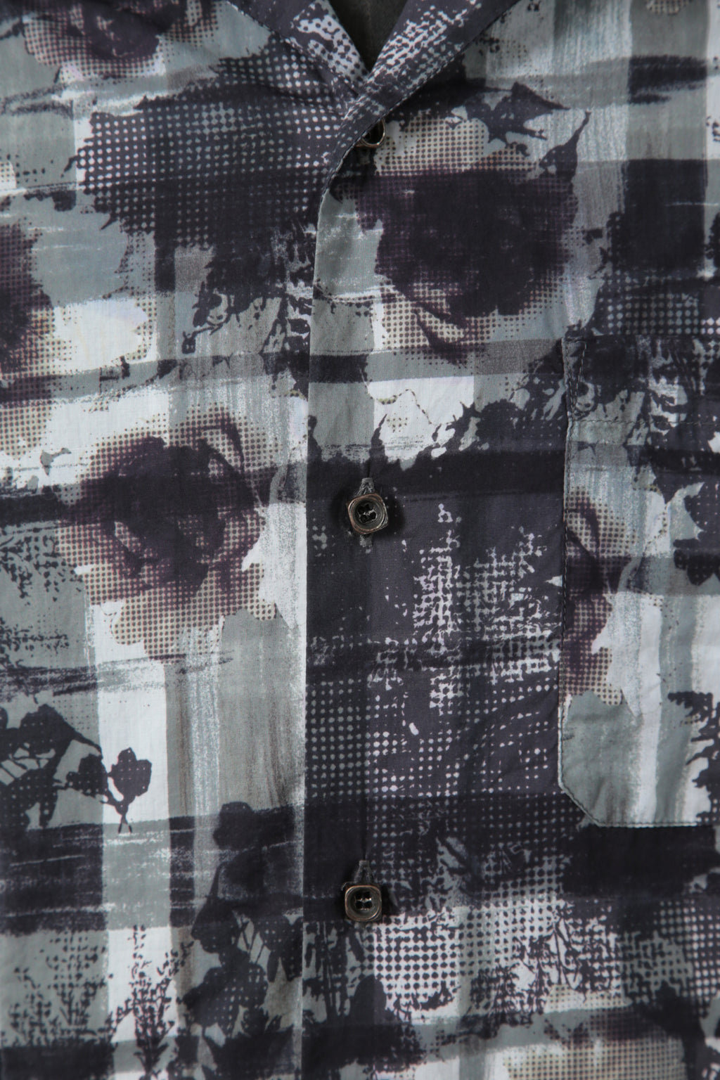 美品 イサムカタヤマバックラッシュ / フラワーチェックプリント シープレザー オープンカラー 半袖シャツ / size M (WHITE×BLACK×GRAY)