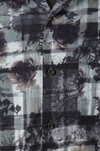 美品 イサムカタヤマバックラッシュ / フラワーチェックプリント シープレザー オープンカラー 半袖シャツ / size M (WHITE×BLACK×GRAY)