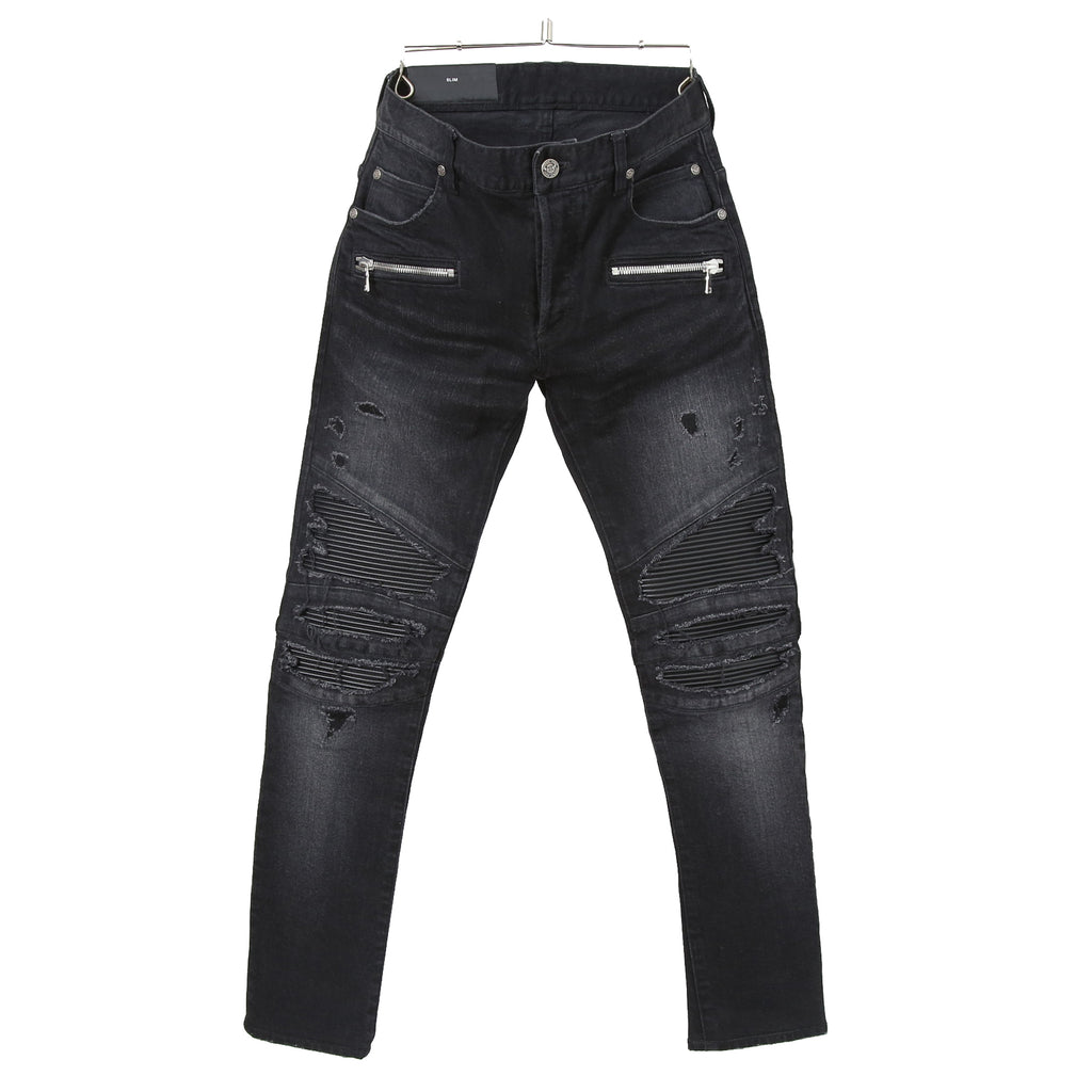 BALMAIN バルマン / 美品 ストレッチデニム バイカーパンツ クラッシュ加工 / BALMAINロゴ刺繍 刻印ボタン付き / スキニー デニム / size 28 (BLACK)