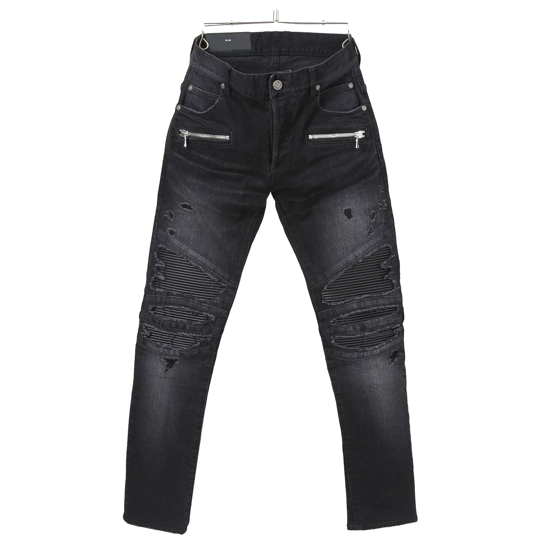 BALMAIN バルマン / 美品 ストレッチデニム バイカーパンツ クラッシュ加工 / BALMAINロゴ刺繍 刻印ボタン付き / スキニー デニム / size 28 (BLACK)