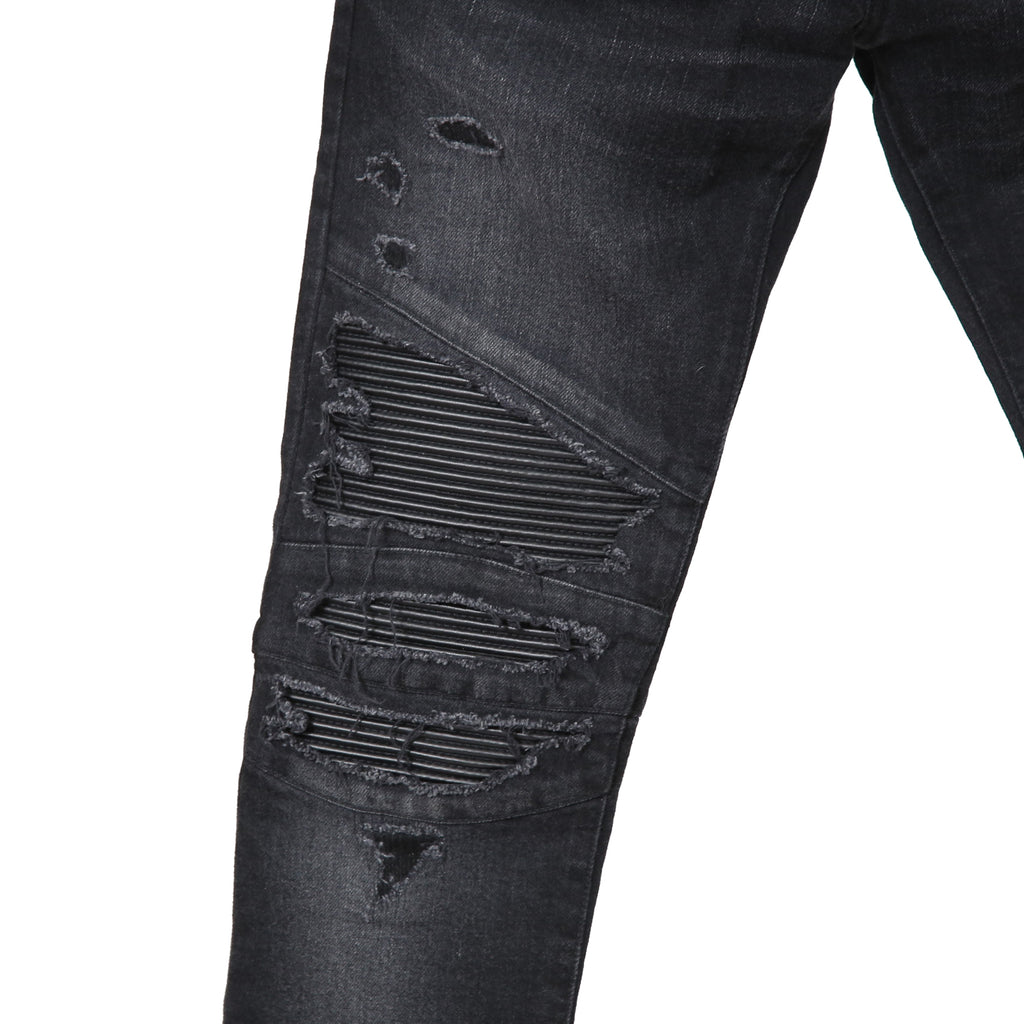 BALMAIN バルマン / 美品 ストレッチデニム バイカーパンツ クラッシュ加工 / BALMAINロゴ刺繍 刻印ボタン付き / スキニー デニム / size 28 (BLACK)