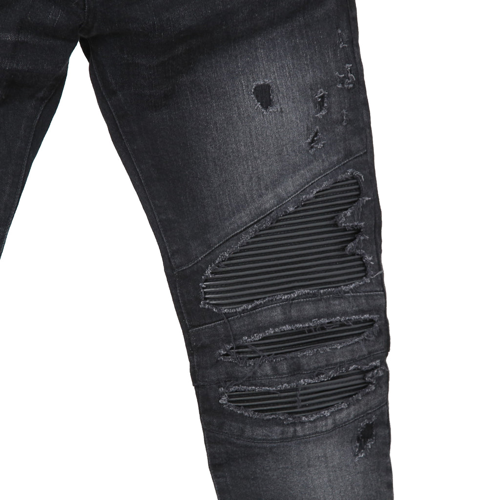 BALMAIN バルマン / 美品 ストレッチデニム バイカーパンツ クラッシュ加工 / BALMAINロゴ刺繍 刻印ボタン付き / スキニー デニム / size 28 (BLACK)