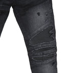 BALMAIN バルマン / 美品 ストレッチデニム バイカーパンツ クラッシュ加工 / BALMAINロゴ刺繍 刻印ボタン付き / スキニー デニム / size 28 (BLACK)