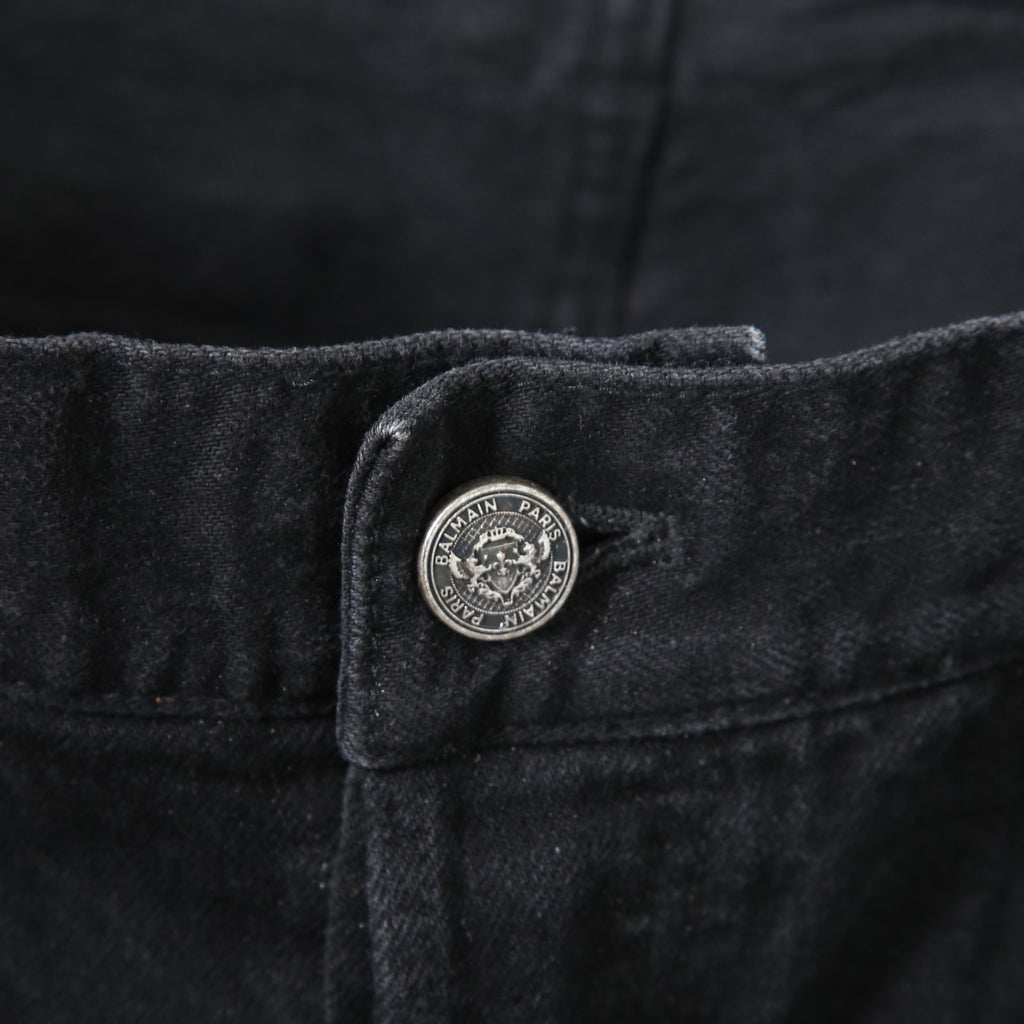 BALMAIN バルマン / 美品 ストレッチデニム バイカーパンツ クラッシュ加工 / BALMAINロゴ刺繍 刻印ボタン付き / スキニー デニム / size 28 (BLACK)