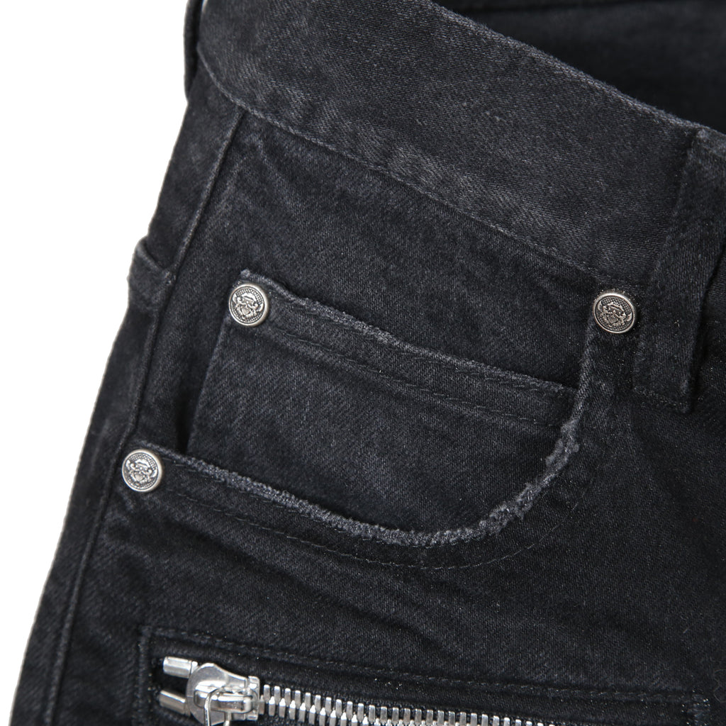 BALMAIN バルマン / 美品 ストレッチデニム バイカーパンツ クラッシュ加工 / BALMAINロゴ刺繍 刻印ボタン付き / スキニー デニム / size 28 (BLACK)